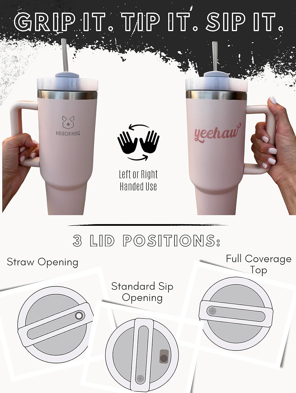 Hooch Hog – Vaso con tapa con asa y pajilla, vaso aislado reutilizable y apto para agua, apto para portavasos (olas de barco crema)