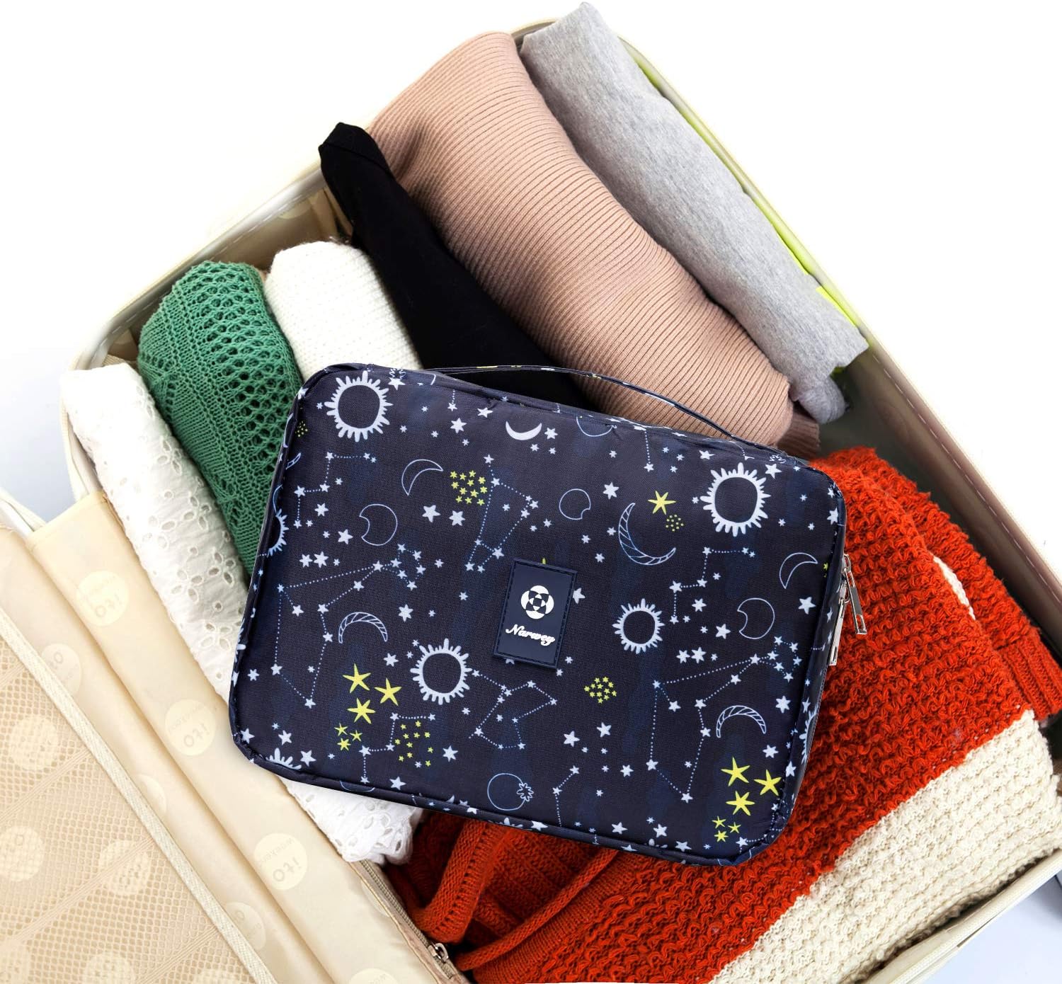 Neceser de viaje colgante, organizador de maquillaje y productos cosméticos para mujer y niña, impermeable (galaxia azul)