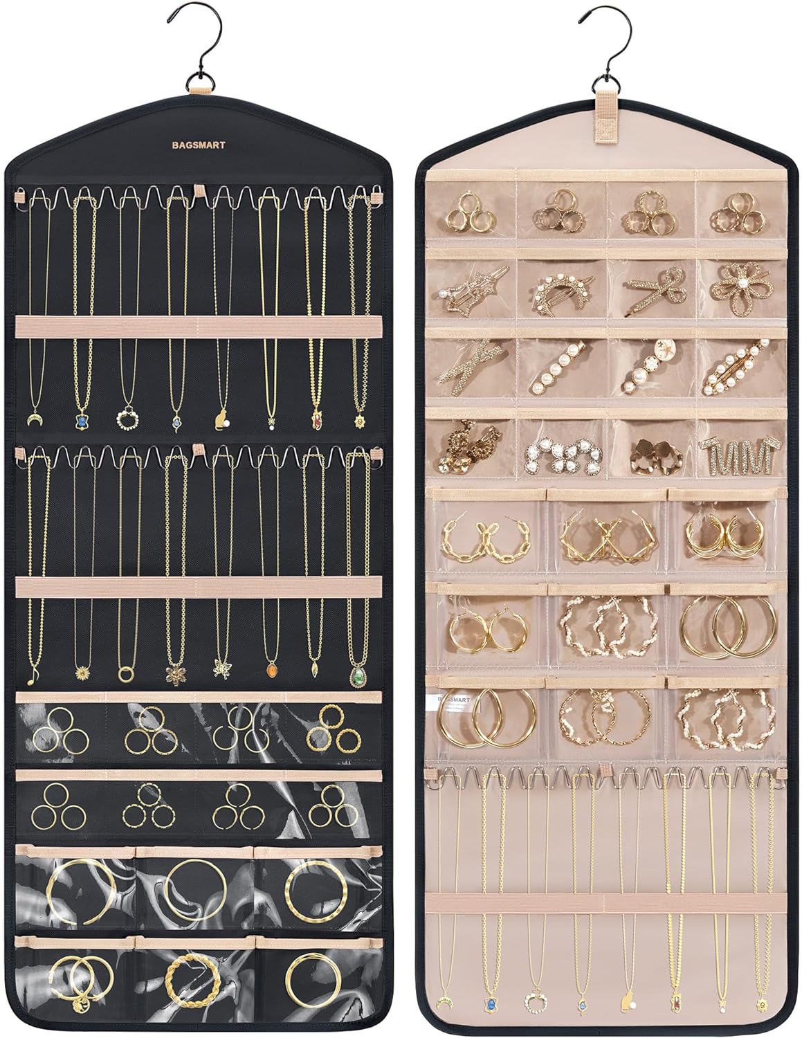 BAGSMART Organizador de joyas colgante con ganchos de metal, soporte de joyería de doble cara para organizar aretes, collares, anillos, perfecto