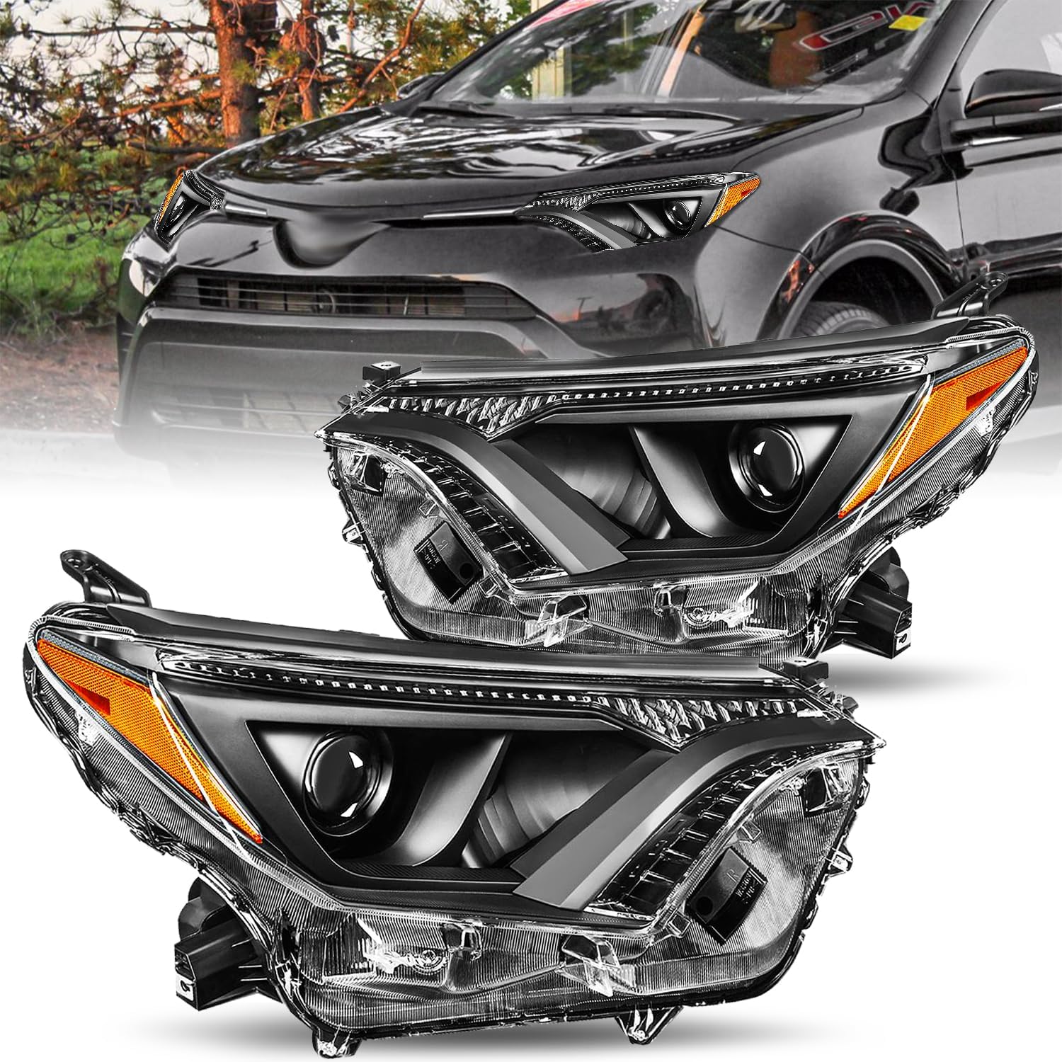 JSBOYAT Reemplazo del conjunto de faros delanteros de proyector para Toyota RAV4 2016-2018, no compatible con modelo LED, carcasa negra del lado del