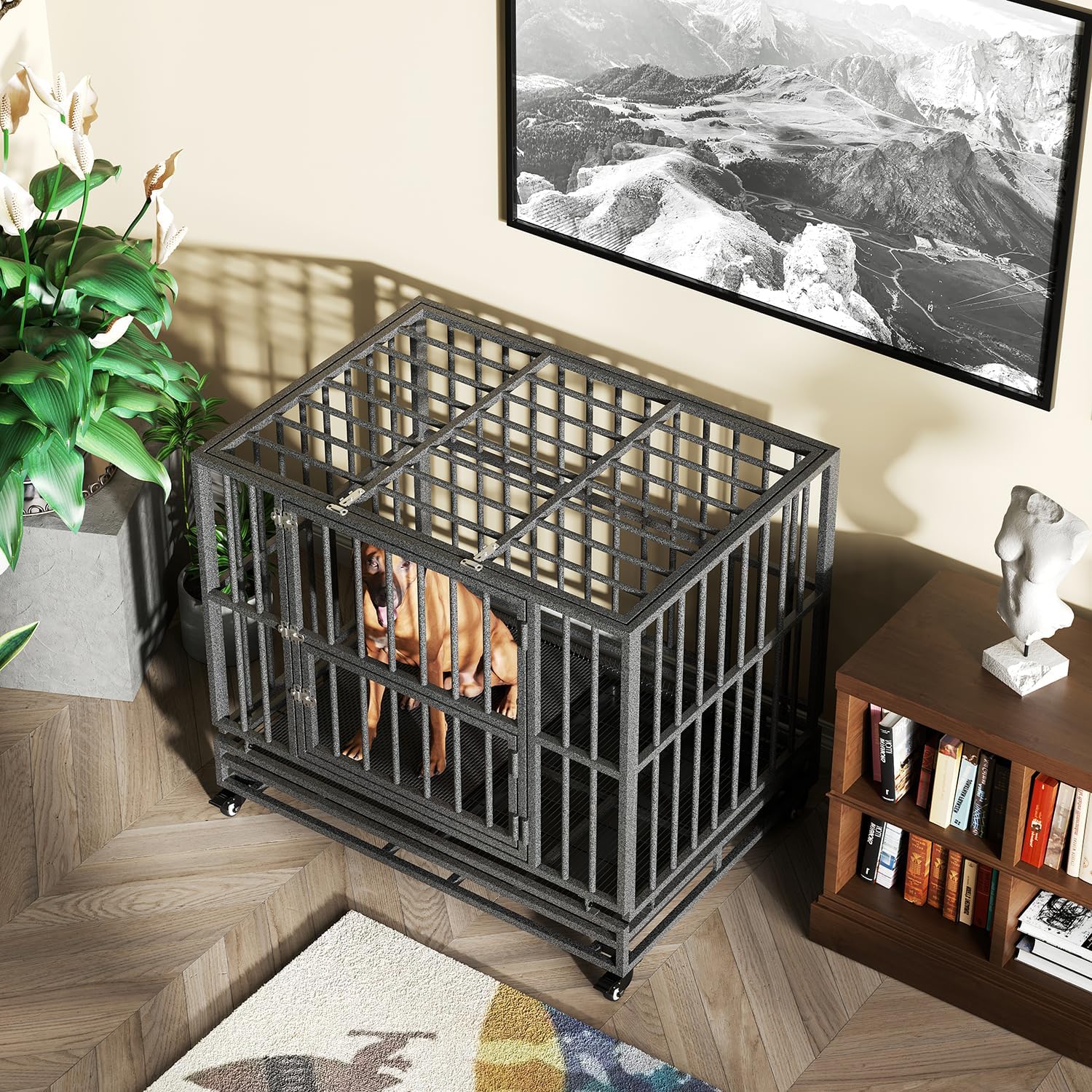Luckyberry Jaula de perro indestructible extra grande de 42 pulgadas para interiores con ruedas bloqueables para la ansiedad de separación y bandeja