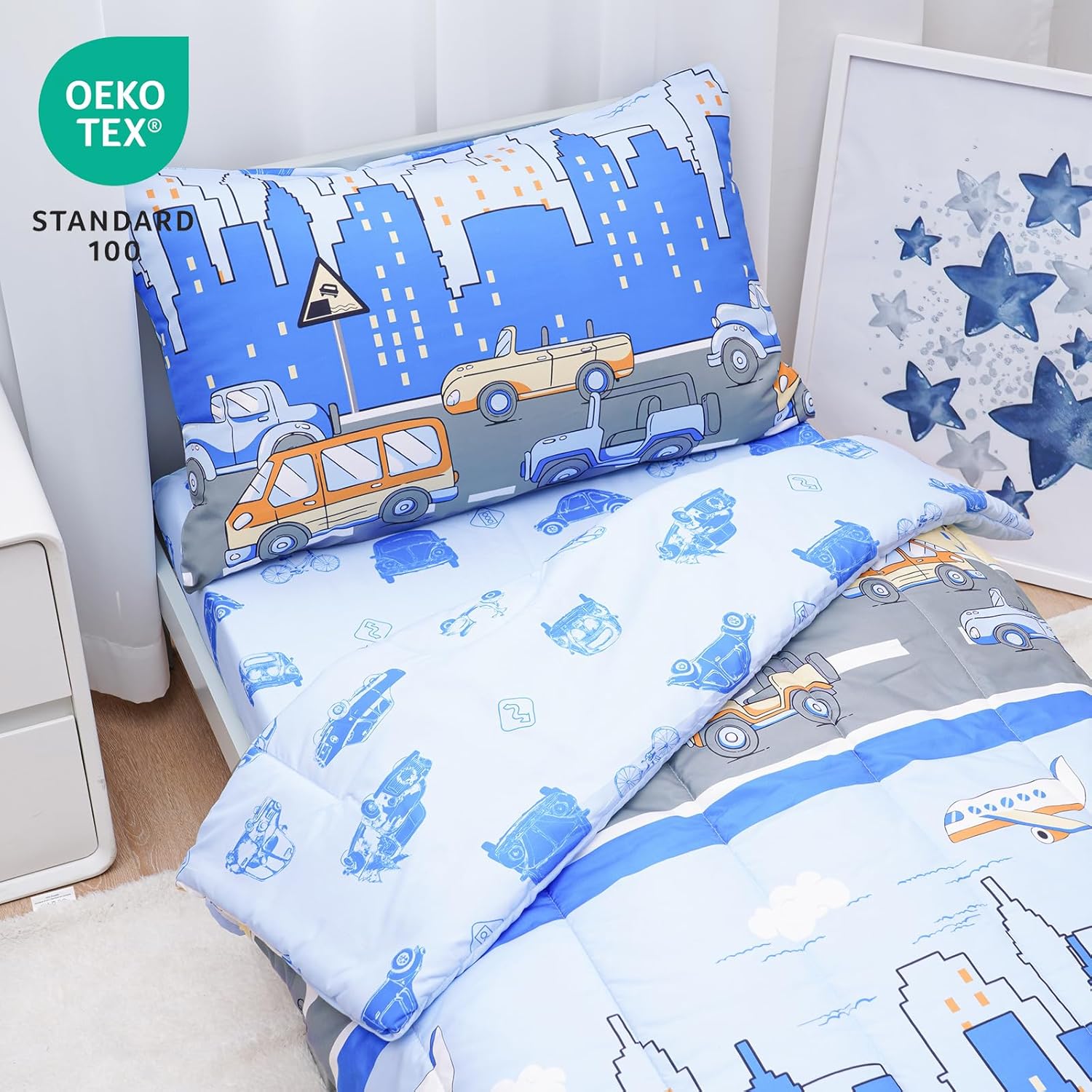david’s kids Juego de ropa de cama de 4 piezas para niños pequeños, suave y transpirable, incluye edredón acolchado, sábana encimera, sábana bajera