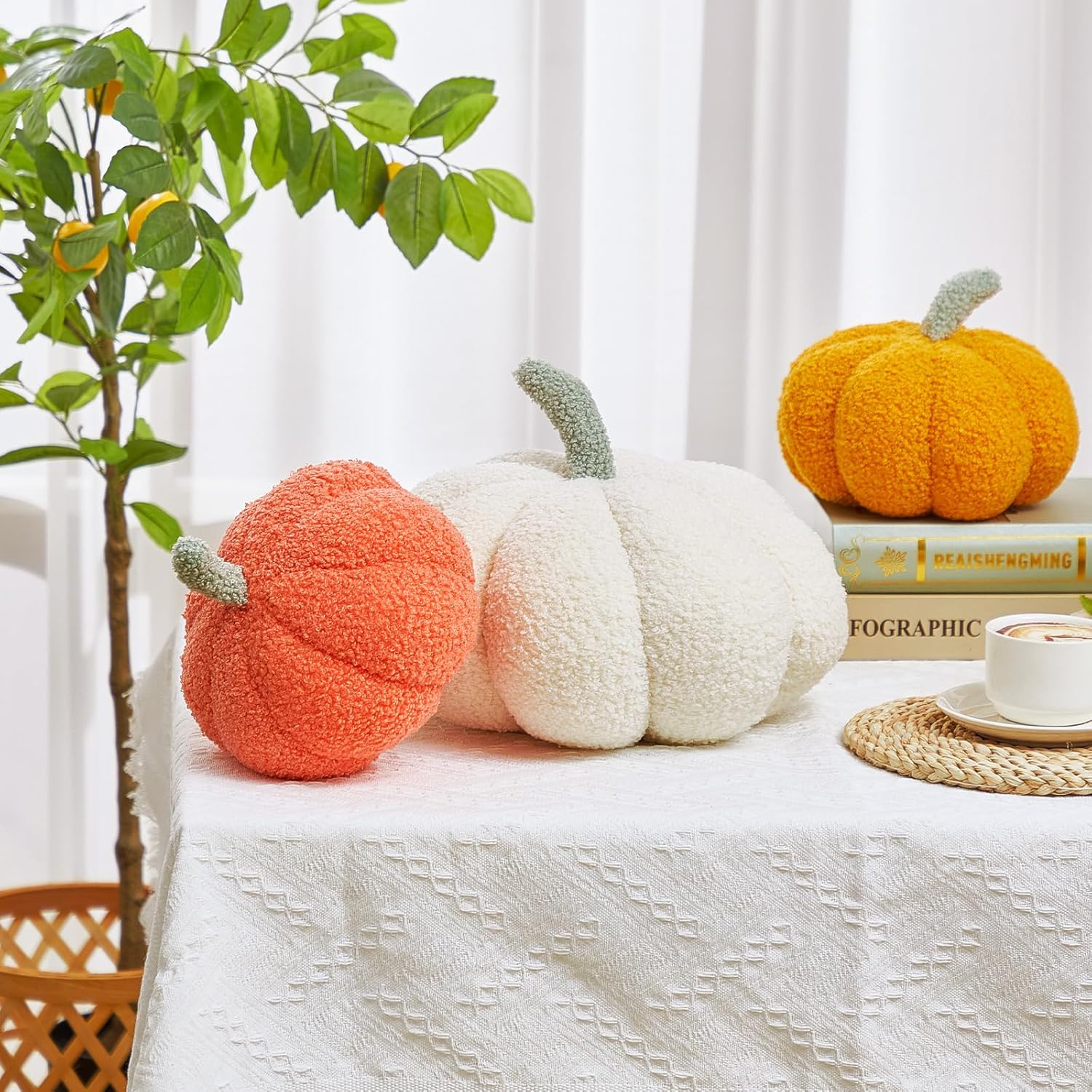 Calabaza de peluche de Halloween con forma 3D decorativa de Acción de Gracias, suave y linda, 11 pulgadas, 7 pulgadas (naranja clásico, blanco,