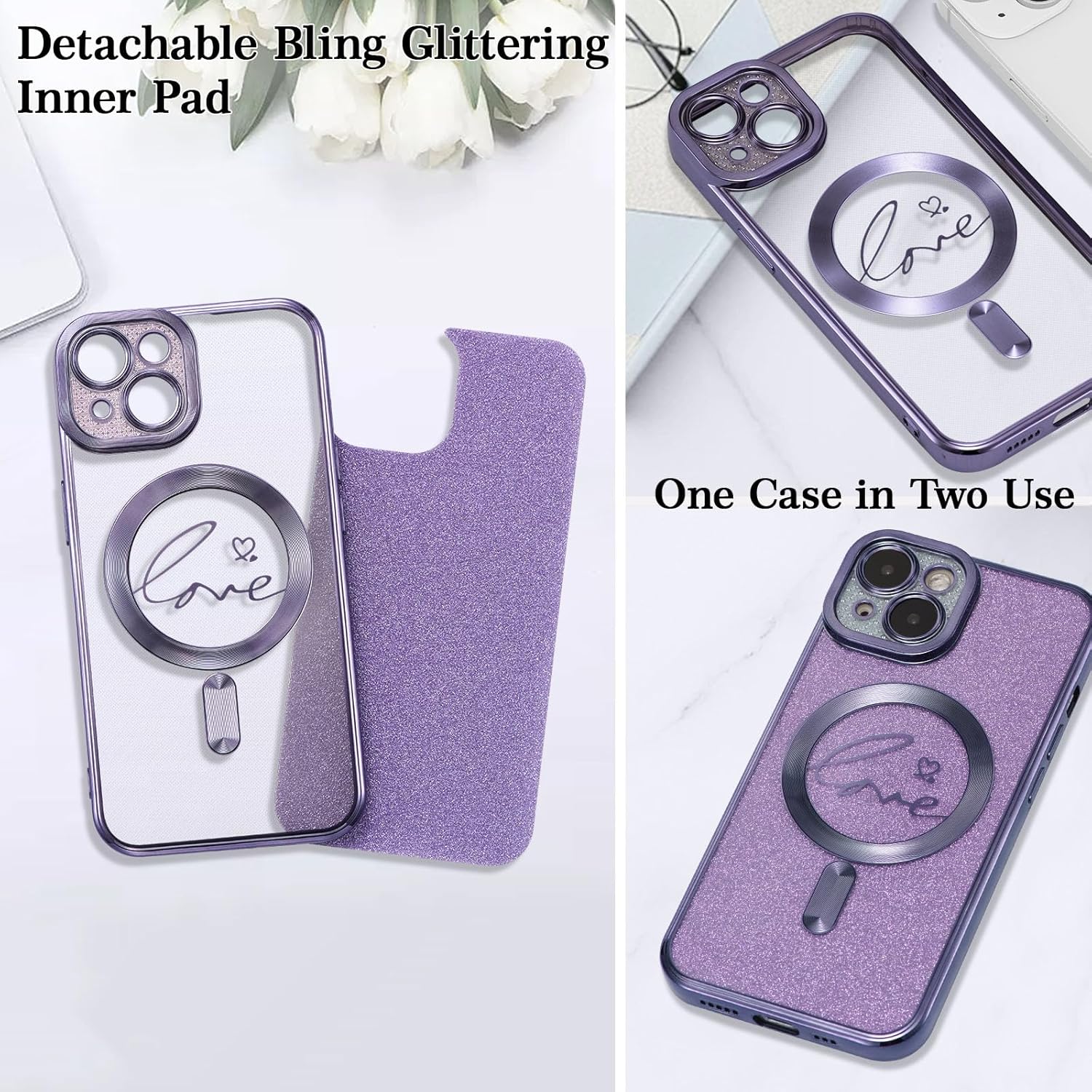 EYZUTAK Funda magnética para iPhone 13, con purpurina brillante de lujo, diseño de corazón chapado en lindo patrón de corazón, compatible con