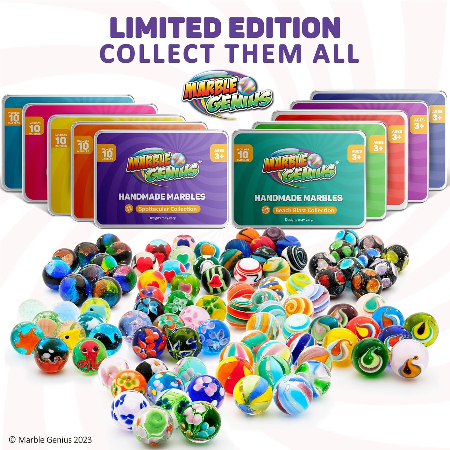 Marble Genius Canicas para coleccionistas, manchas, 0.630 in, juego de 10 canicas de coleccionista de vidrio coloridas hechas a mano, regalos para