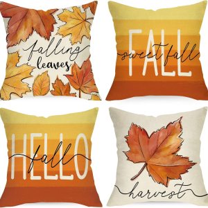 Ussap Hello Fall – Juego de 4 fundas de almohada decorativas de hojas de arce de 18 x 18 pulgadas, decoración de fundas de cojín de cosecha de otoño Ussap Hello Fall – Juego de 4 fundas de almohada decorativas de hojas de arce de 18 x 18 pulgadas, decoración de fundas de cojín de cosecha de otoño