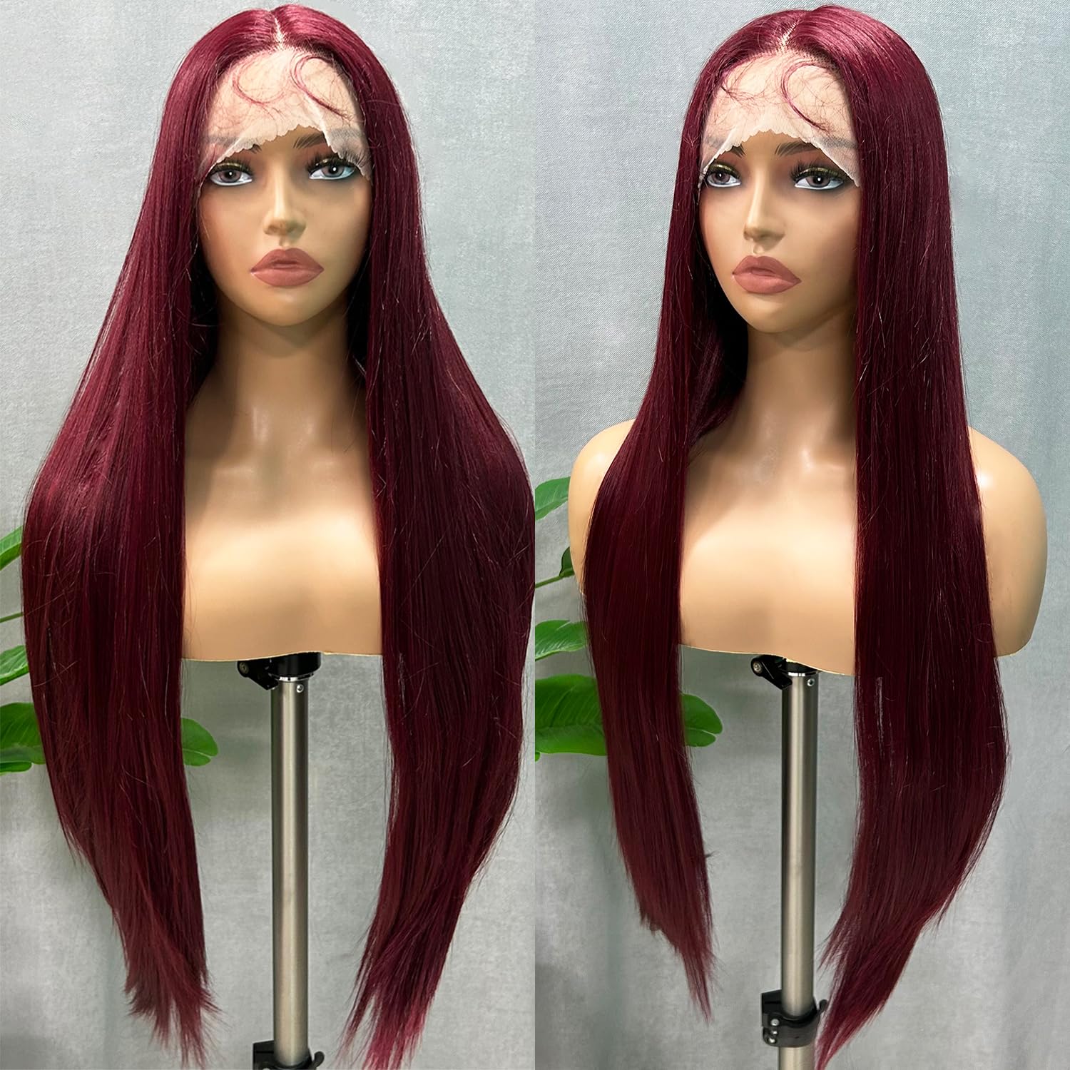 SOKU 99J – Pelucas de encaje frontal de color burdeos sintético prearrancado de 32 pulgadas de largo, pelucas de encaje frontal con cabello de bebé,