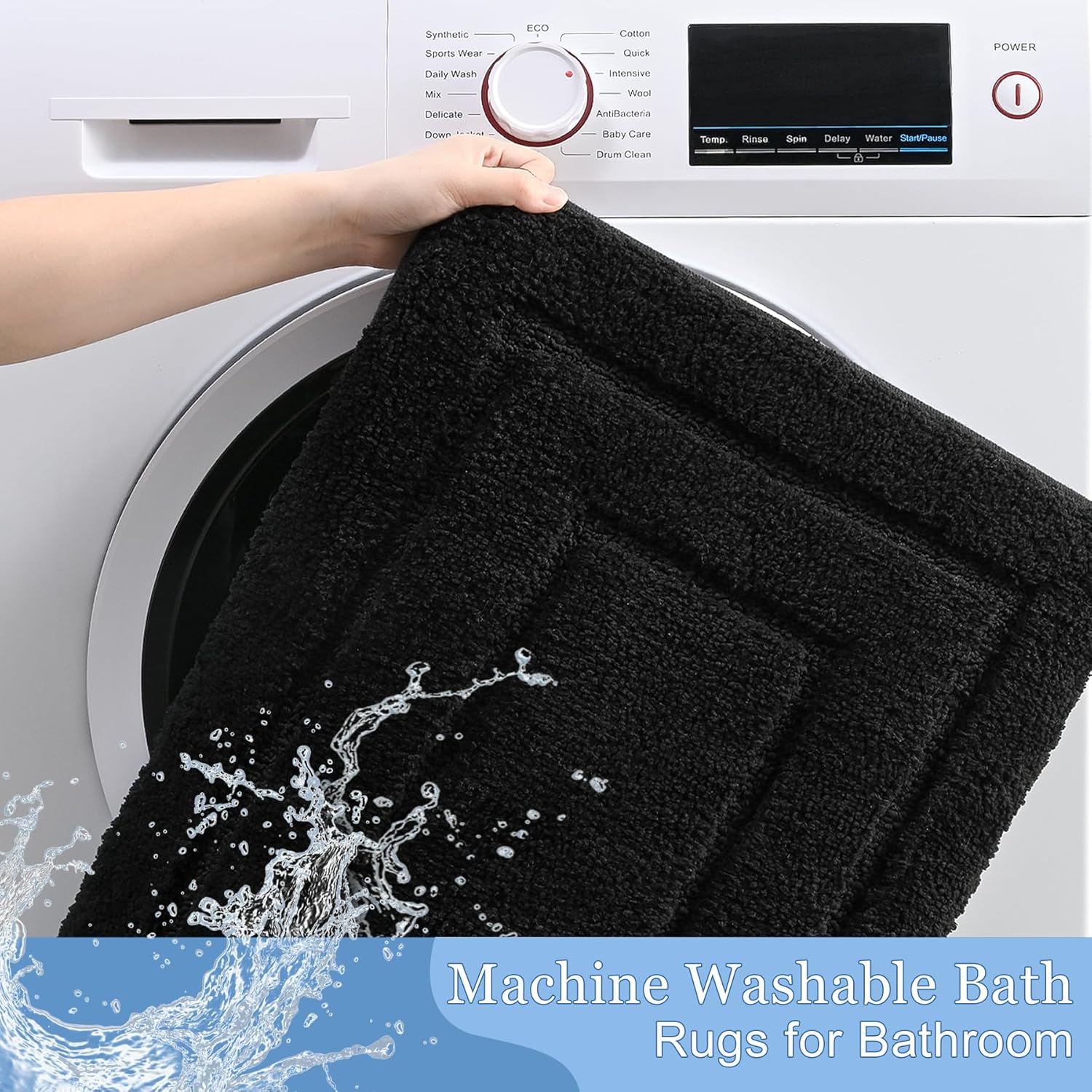 Keeko Alfombra de baño de 24 x 36 pulgadas, suave y absorbente, color negro, alfombra de baño de microfibra, antideslizante, lavable, resistente a