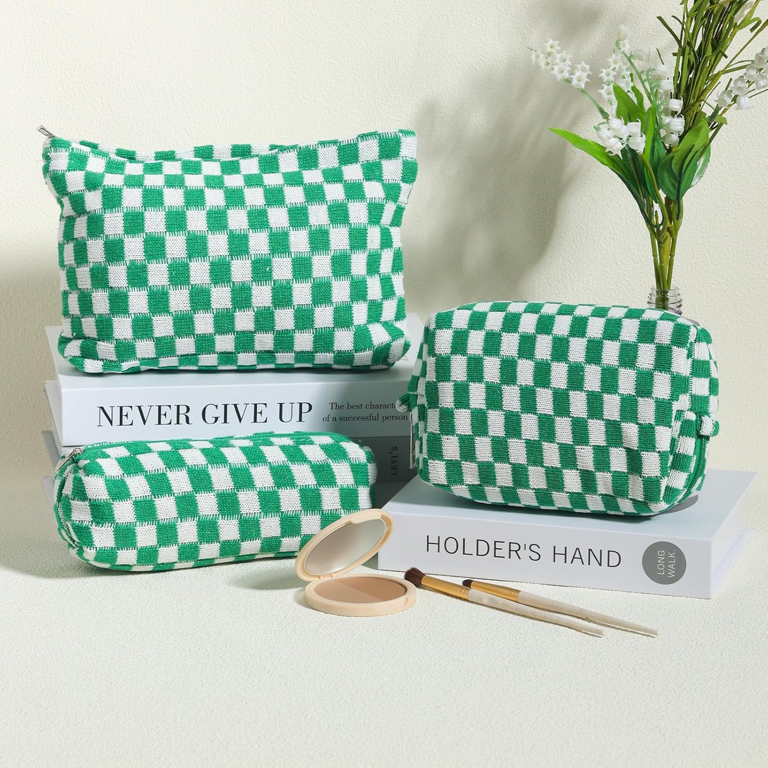 LYDZTION Bolsa de maquillaje para mujeres, 1 bolsa de maquillaje de gran capacidad y 1 estuche para lápices, bolsa de almacenamiento de brochas de