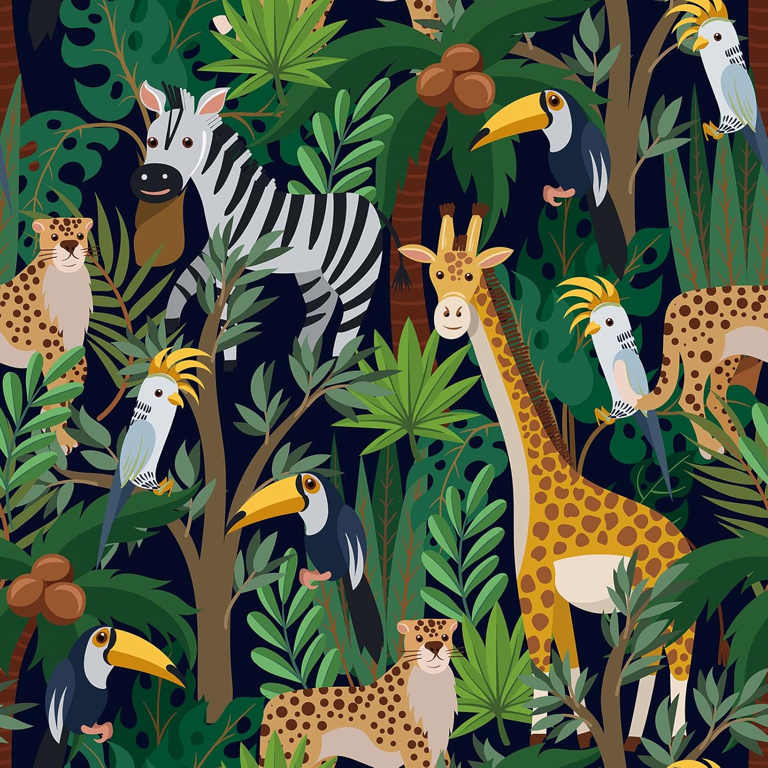 Papel tapiz de 17.7 x 236 pulgadas con estampado de animales, papel de contacto para niños, hojas de palmera verde, papel de contacto para