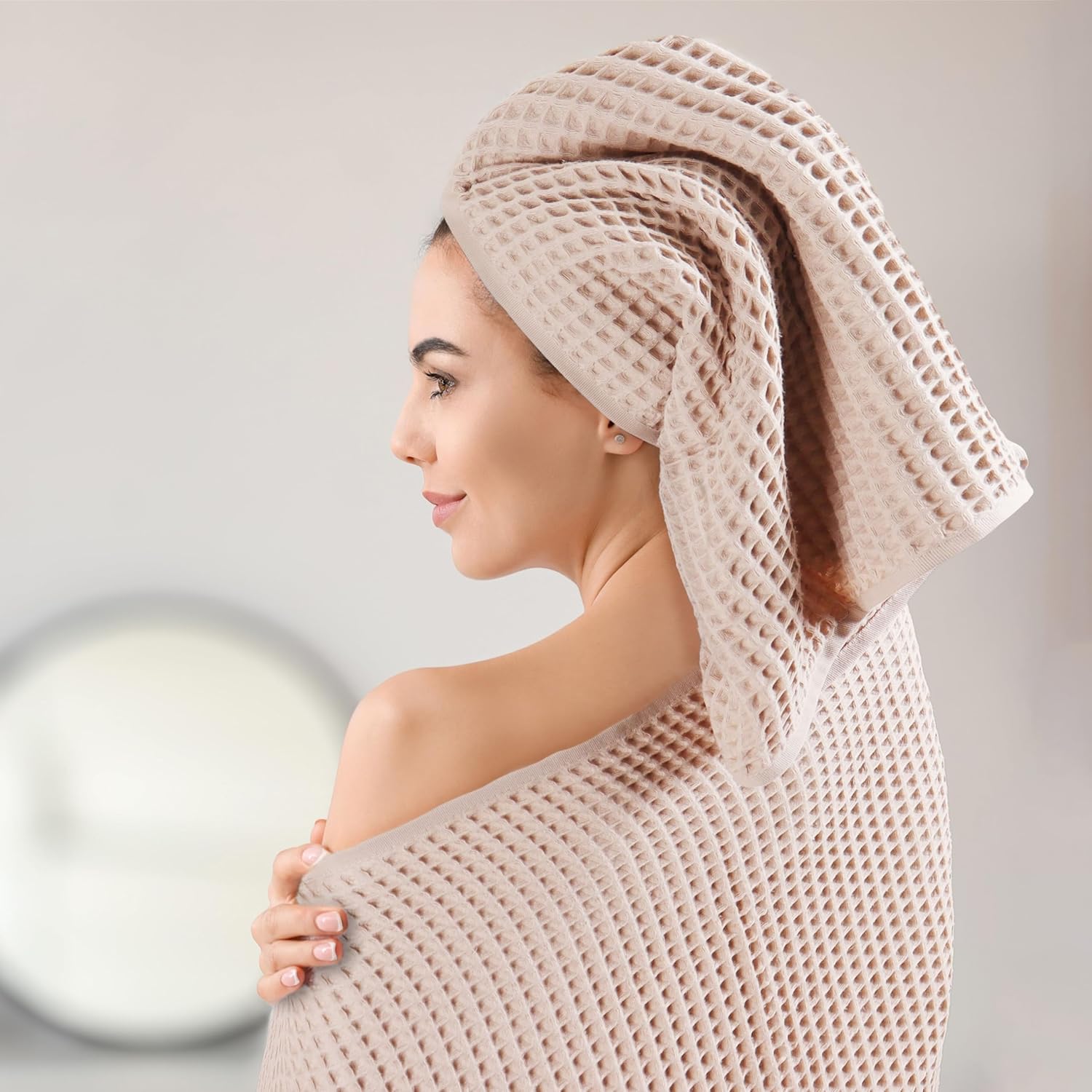Püskül – Juego de 4 toallas de punto gofre para baño, algodón turco orgánico de primera calidad, 2 toallas de mano y 2 toallas de baño (beige)