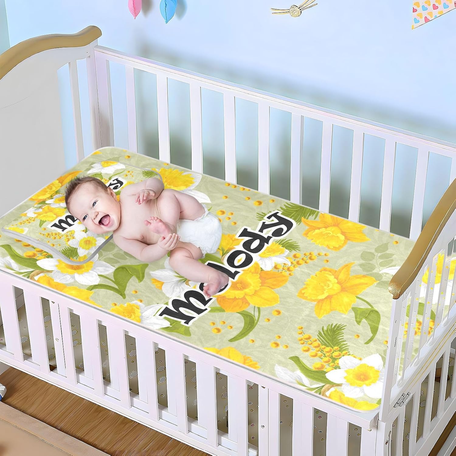 Custom Retro Flower Faffodils Leaves Crib Mattress Protector Pad for Boys Girls Baby Ice Silk Mat Bed Pack N Play Sheets Cooling Mattress Topper