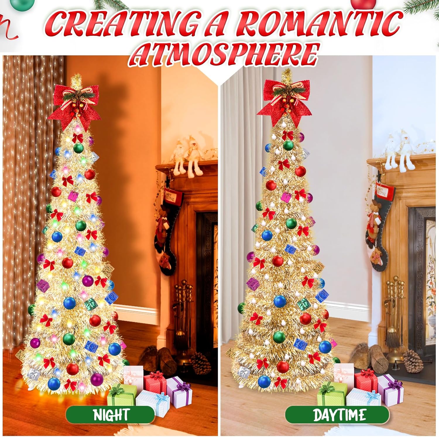 Árbol de Navidad desplegable, árbol de Navidad plegable de 5 pies con 30 luces LED multicolor, árbol de Navidad con bola de lazo, caja de regalo