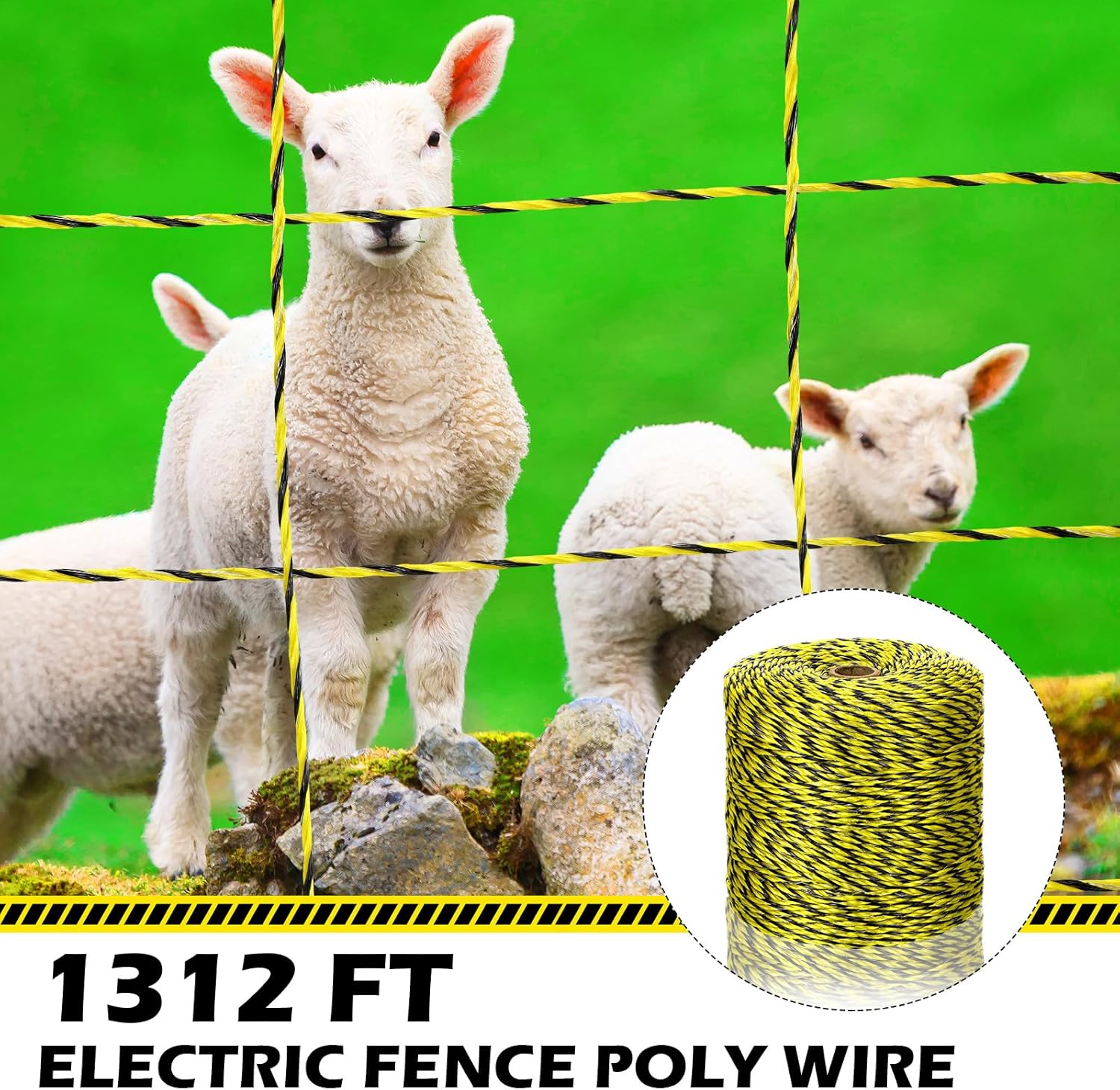 Alambre de polietileno eléctrico de 1312 pies, 1,312.3 ft, alambre de polietileno eléctrico portátil con 100 piezas aislador eléctrico de valla