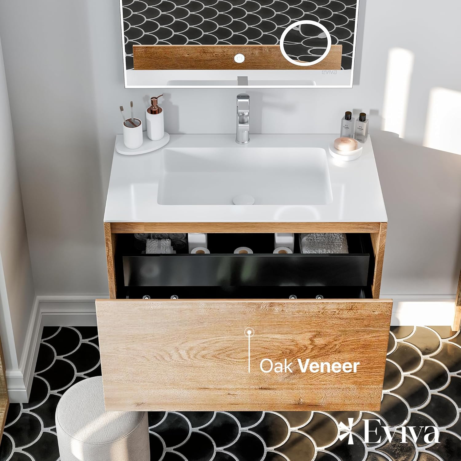 Eviva Tocadores de baño modernos montados en la pared, tocador de baño de roble de ingeniería de 36 pulgadas con fregadero, gabinete de lavabo de