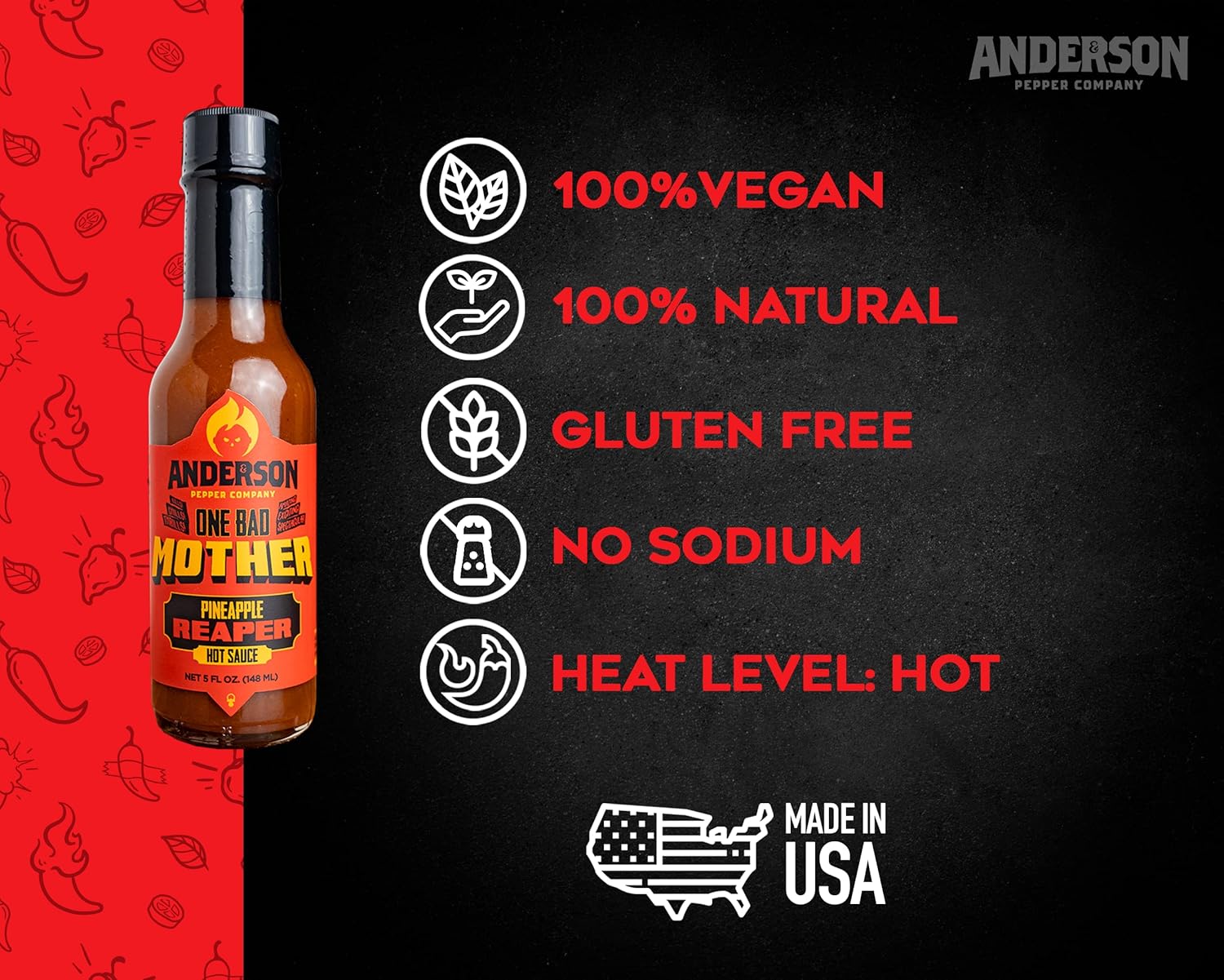 Anderson Pepper Company – Salsa picante One Bad Mother – Salsa picante Piña, Carolina Reaper, pasas, vegano, keto, sin gluten, totalmente natural,