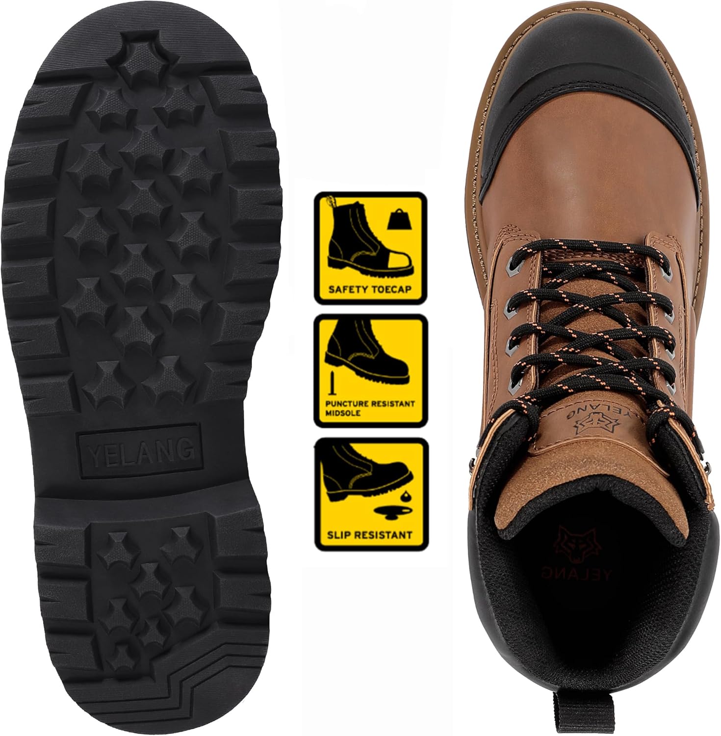 Yelang Botas de trabajo de seguridad con punta de acero para hombre, zapatos de utilidad de perforación antideslizantes de 6 pulgadas para