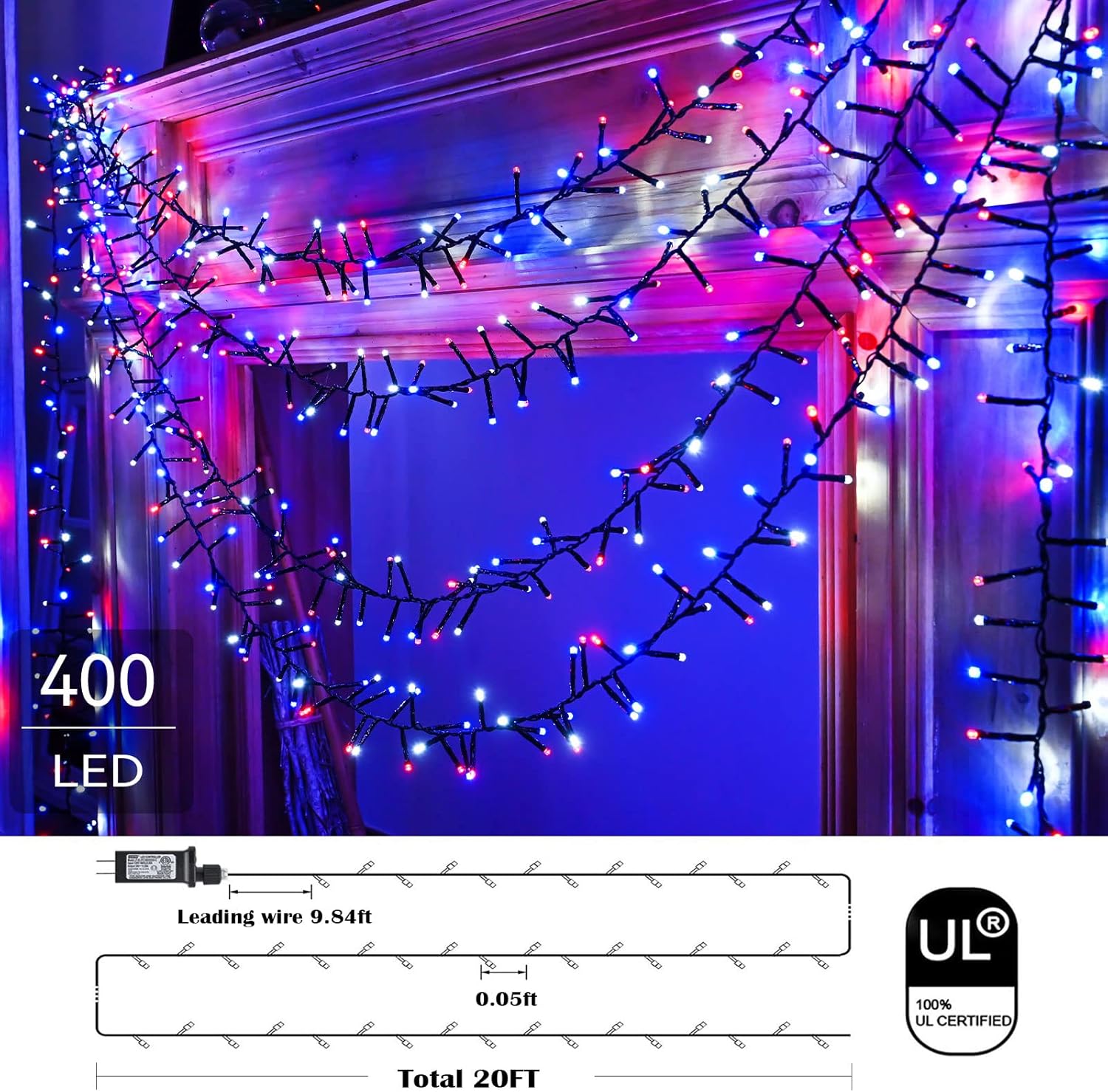 Tira de luces LED rojas, blancas y azules, 400 LED, 19.7 pies, 8 modos, impermeable, para interiores y exteriores, 4 de julio, Día de la