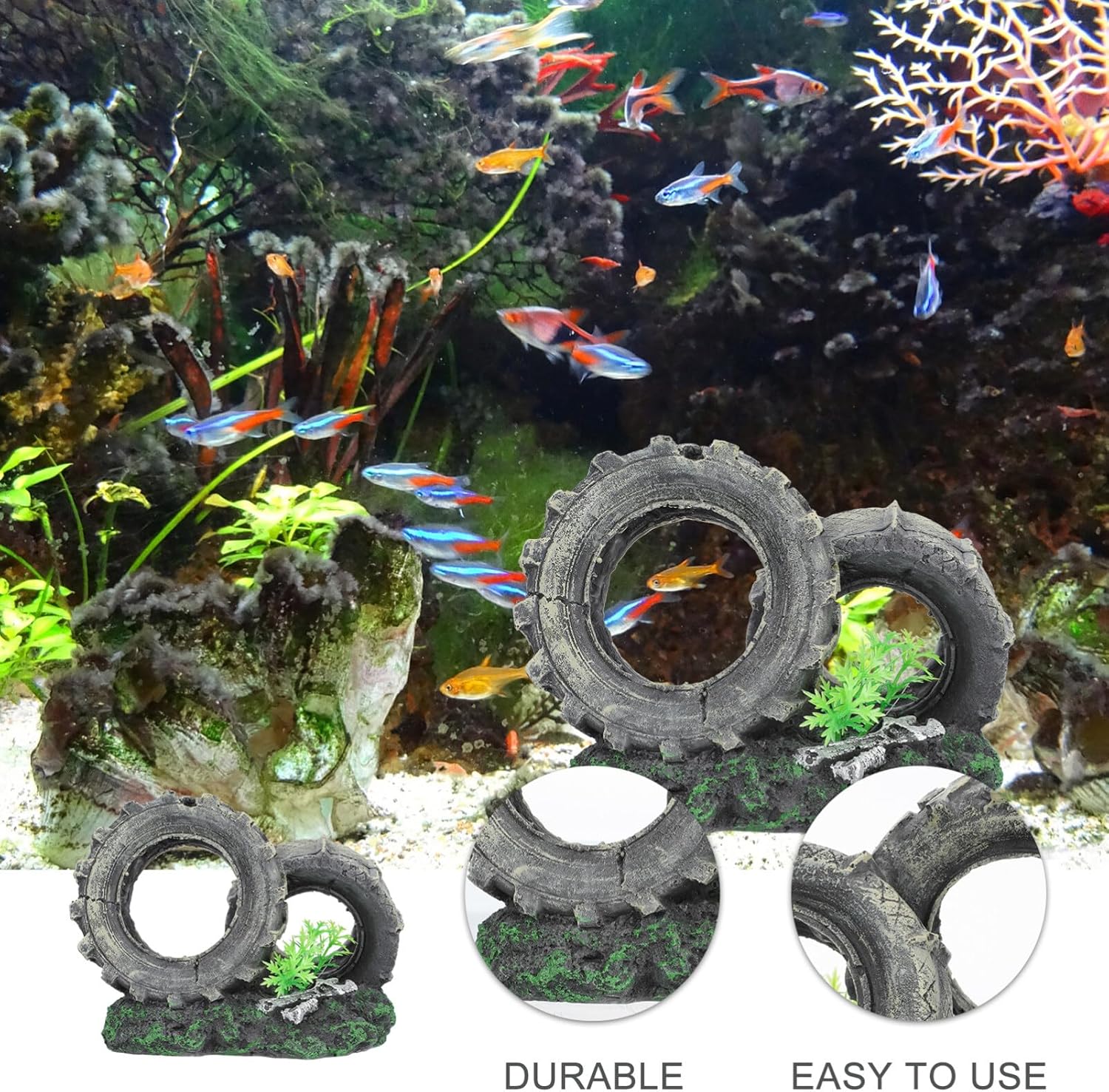 DOITOOL Decoraciones de neumáticos de acuario, decoraciones de neumáticos de resina, adorno de neumático de pecera, decoración de acuario