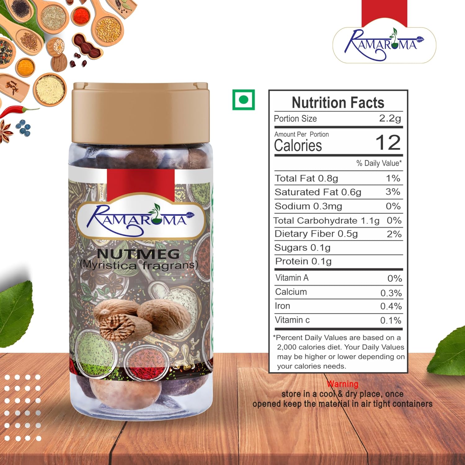 Ramaroma Nuez moscada entera, 3.5 oz (100 g) Todo natural  Vegano  Apto para gluten  Sin OMG  Nuez moscada orgánica entera  Especias indias