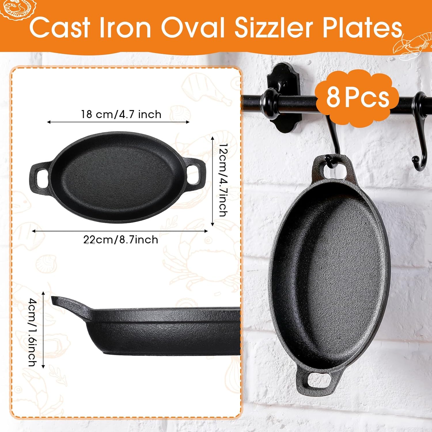 Mifoci 8 piezas de 16 oz 8.7 x 4.7 pulgadas – Mini sartén ovalada de hierro fundido para hornear, placa chisporroteante negro mate, utensilios de