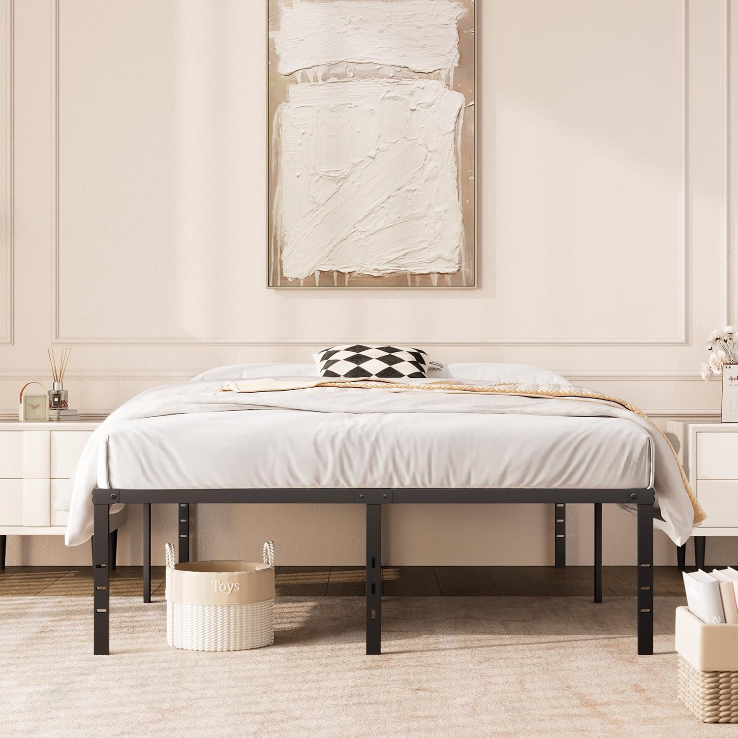 Marco de cama de 18 pulgadas de alto, tamaño Queen, soporte de acero resistente, 2500 libras, marco de cama Queen de metal, no necesita somier,