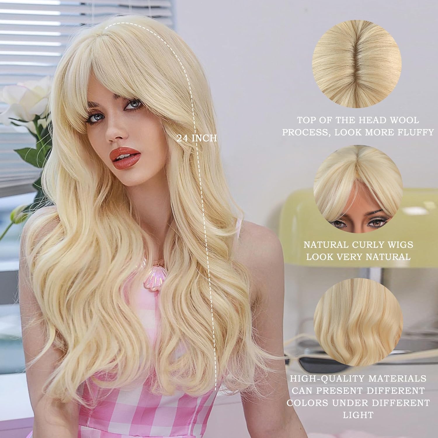 7JHH WIGS Peluca rubia larga ondulada de 24 pulgadas, fibra sintética resistente al calor, rizada, rubio platino, con flequillo, para mujeres,