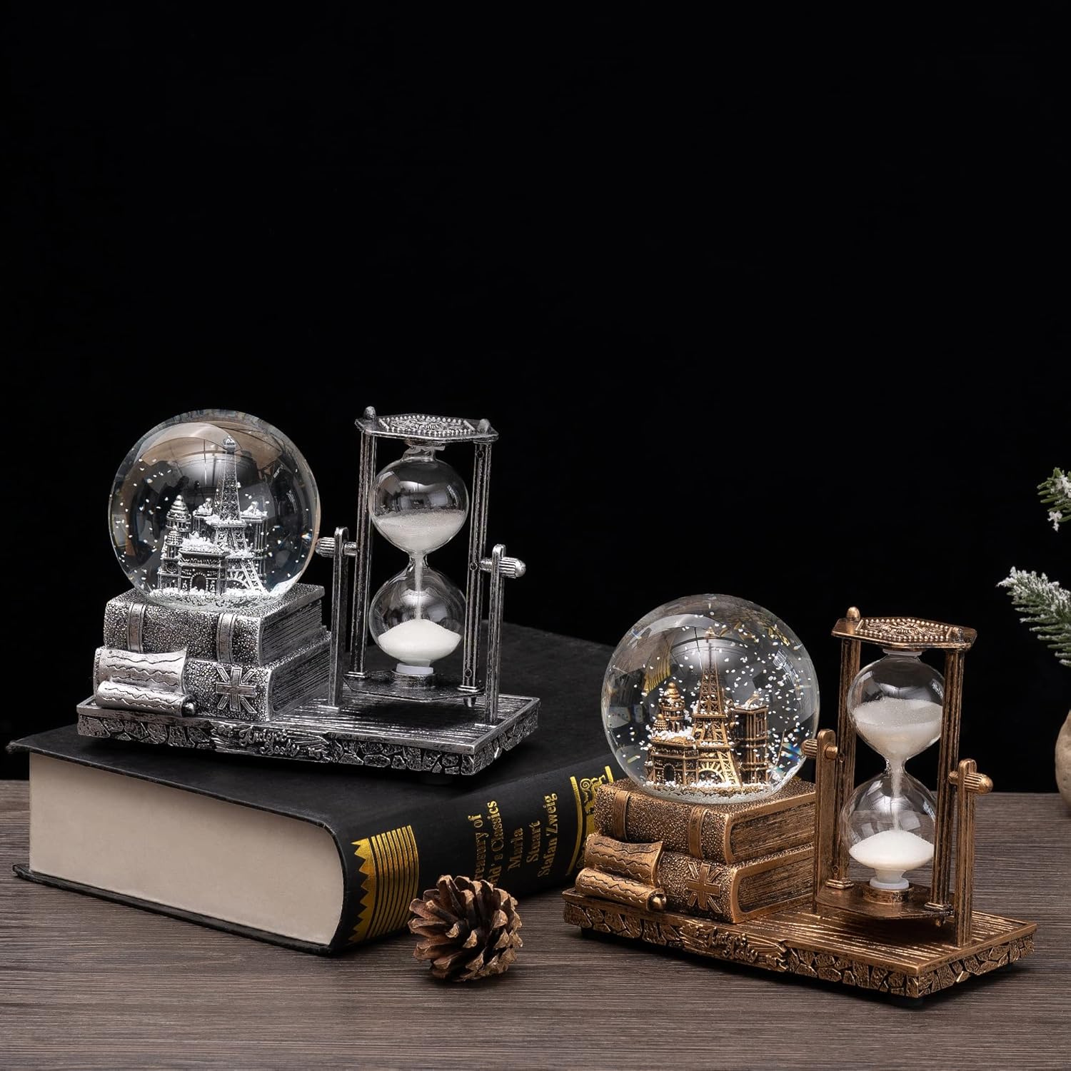 Globo de nieve antiguo con temporizador de reloj de arena LED musical de cristal de nieve caja de música coleccionable, reloj de arena temporizador