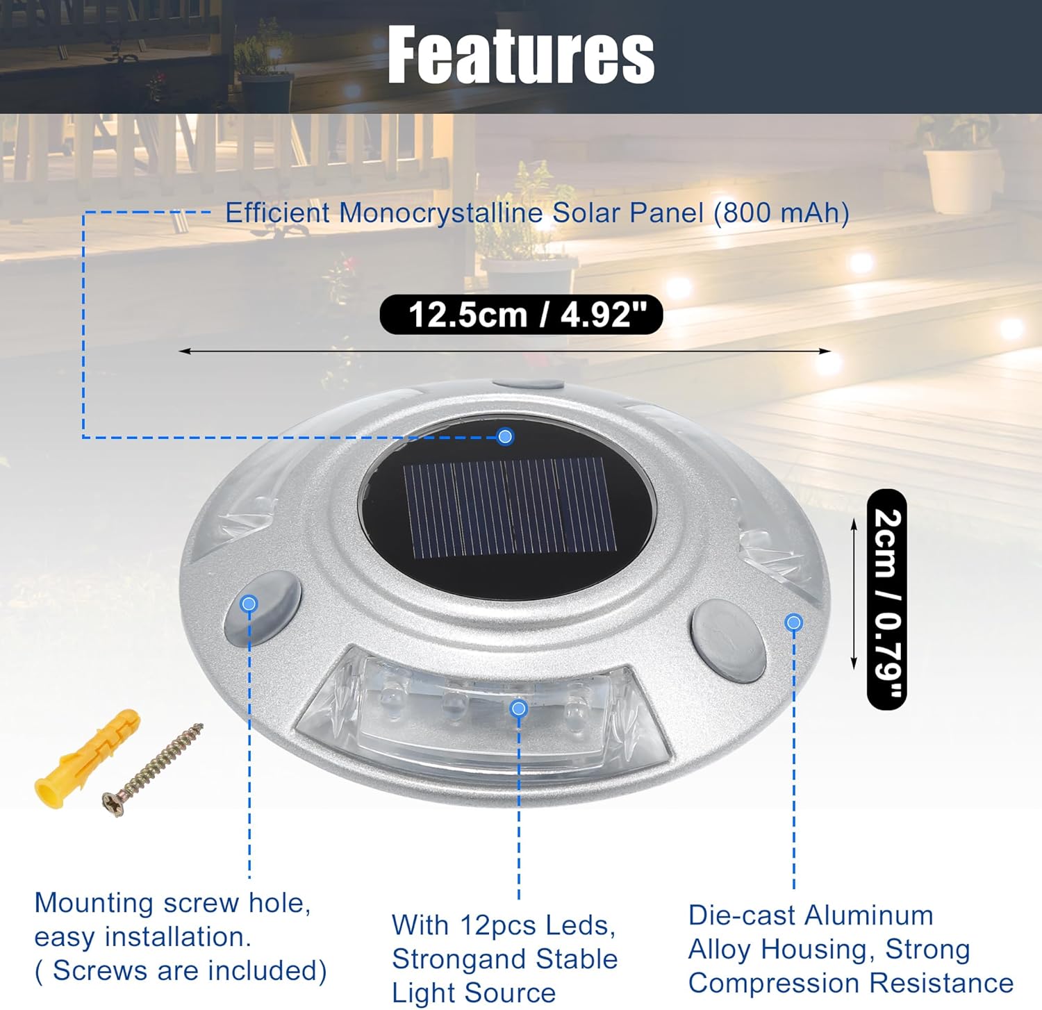 X AUTOHAUX Luces solares impermeables IP67 de 12 LED, 800 MAh, luz de muelle de entrada, luces de camino de conducción alimentadas por energía solar