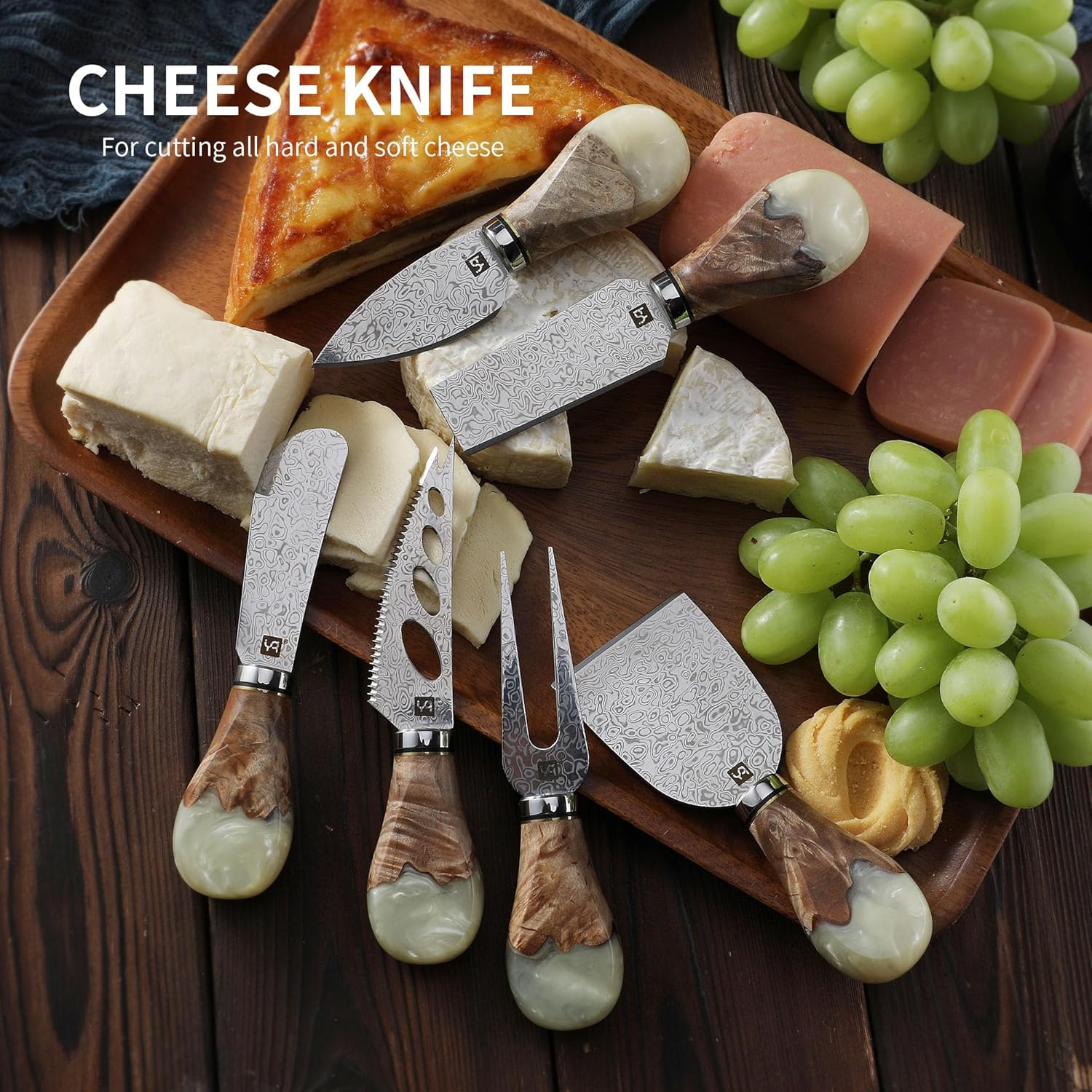 Cuchillo de queso de acero de Damasco para tablas de embutidos, cortador de queso para quesos suaves y duros desmenuzables, resina blanca y mango de