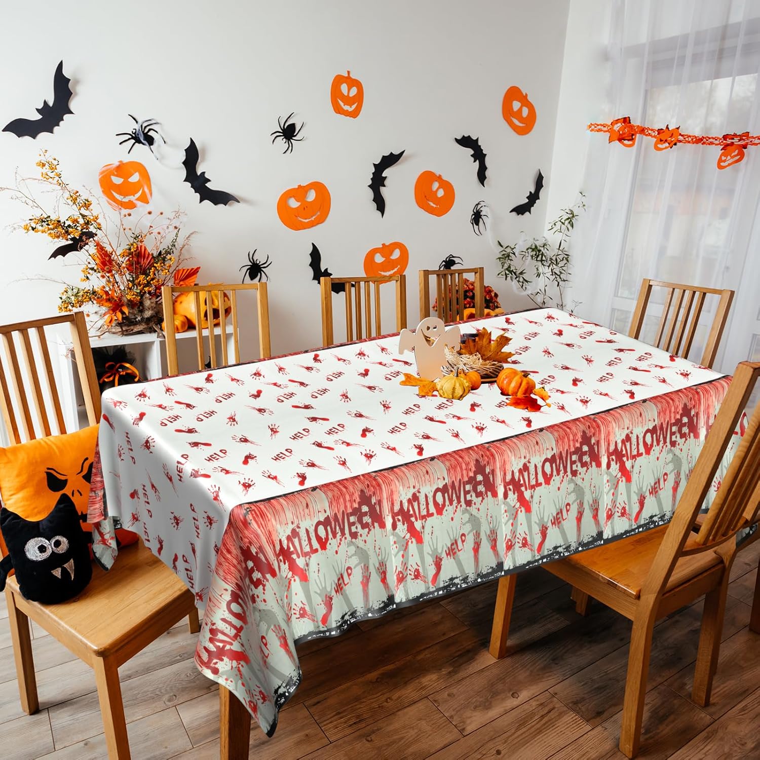 PLULON Paquete de 3 manteles de Halloween de 54 x 108 pulgadas, diseño de huellas de manos color rojo zombi, mantel de plástico para decoración de