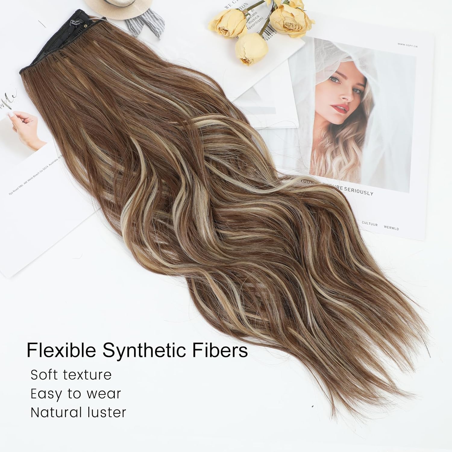 Extensiones de cabello con alambre invisible de 20 pulgadas, extensiones sintéticas de alambre transparente ajustable, 4 extensiones de cabello