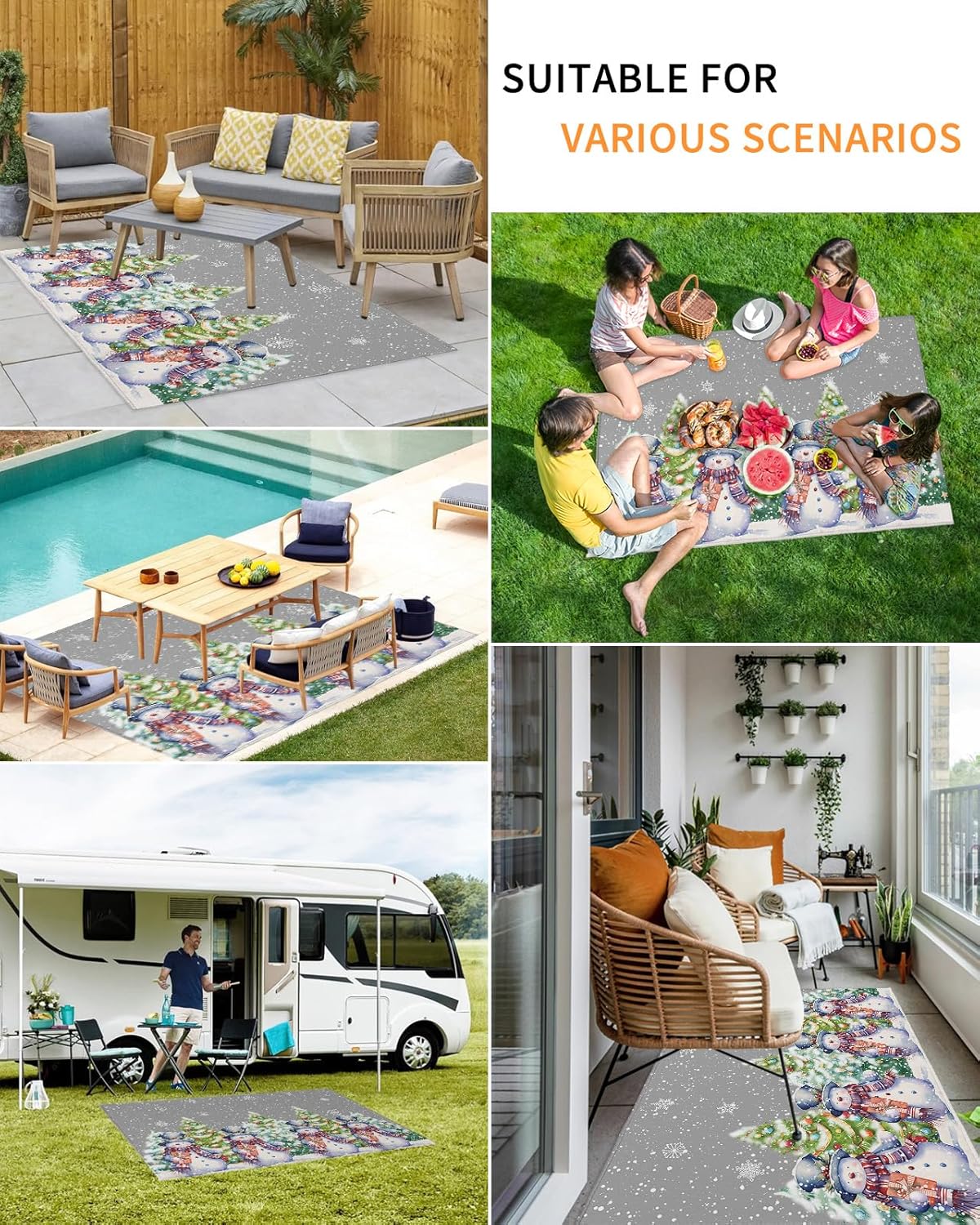 Outdoor Rug Carpet Waterproof 4×6 ft Area Rug, Merry Christmas Snowman Snowflake Large Floor Mat for Patio Balcony Living Room Backyard Picnic Beach