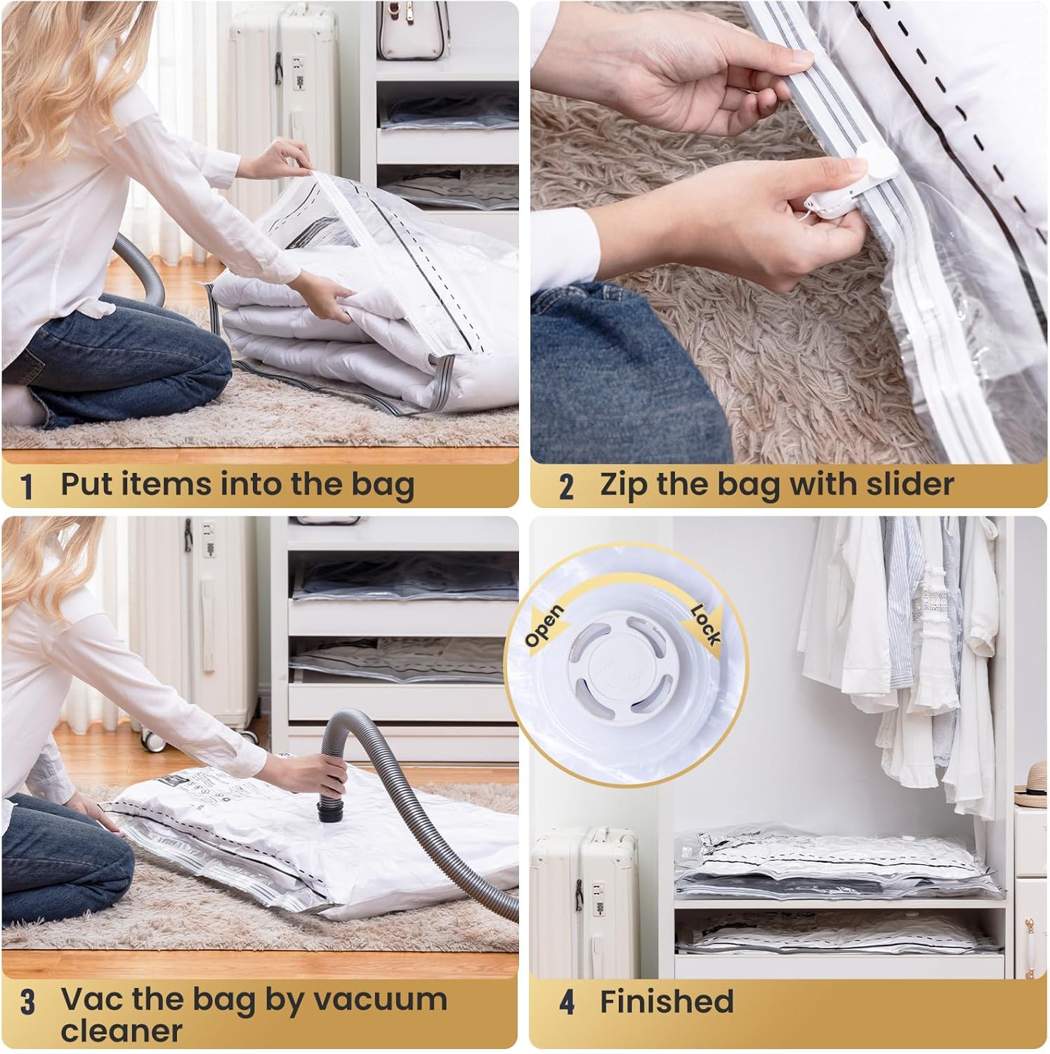 TAILI Cremallera lateral larga  6 bolsas de almacenamiento al vacío extra grandes para ropa de cama para toallas, mantas, almohadas o ropa, bolsas