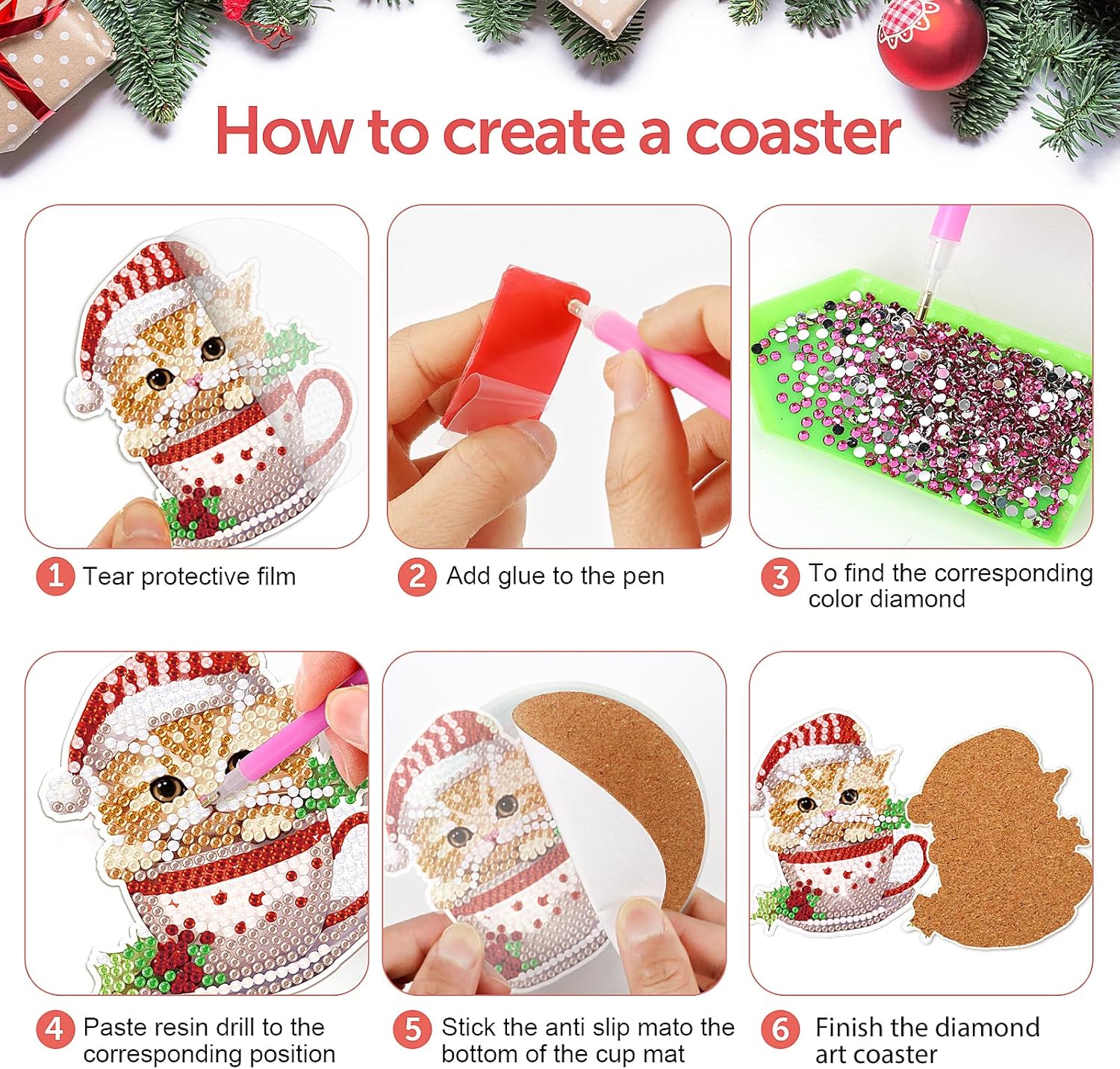 Juego de 8 posavasos de Navidad con diseño de diamantes para gatos con soporte para taza de Navidad, posavasos de arte de diamantes con bases de