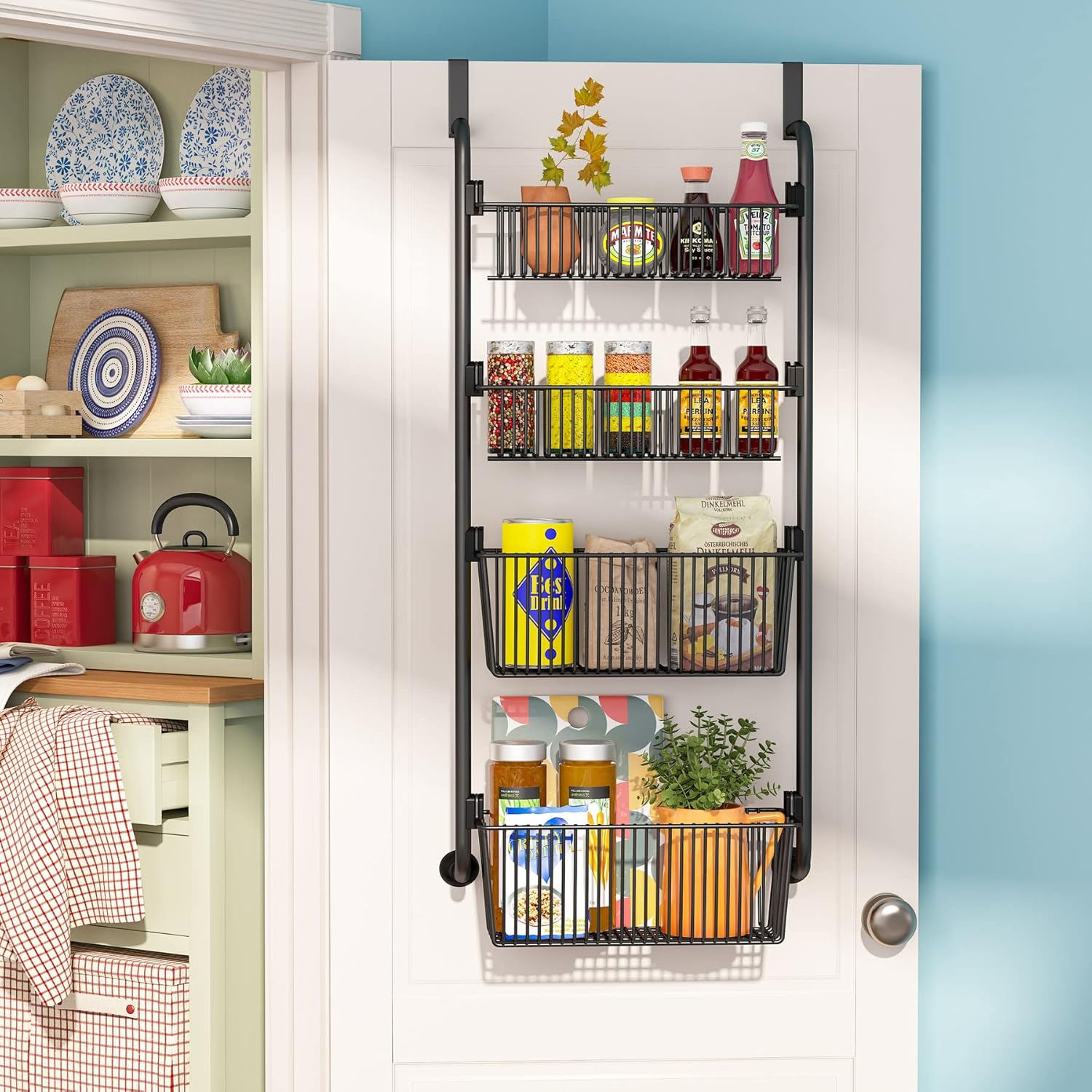 1Easylife Estante organizador sobre la puerta, 4 cestas de organización y almacenamiento de puerta de despensa, estante de especias de cocina de