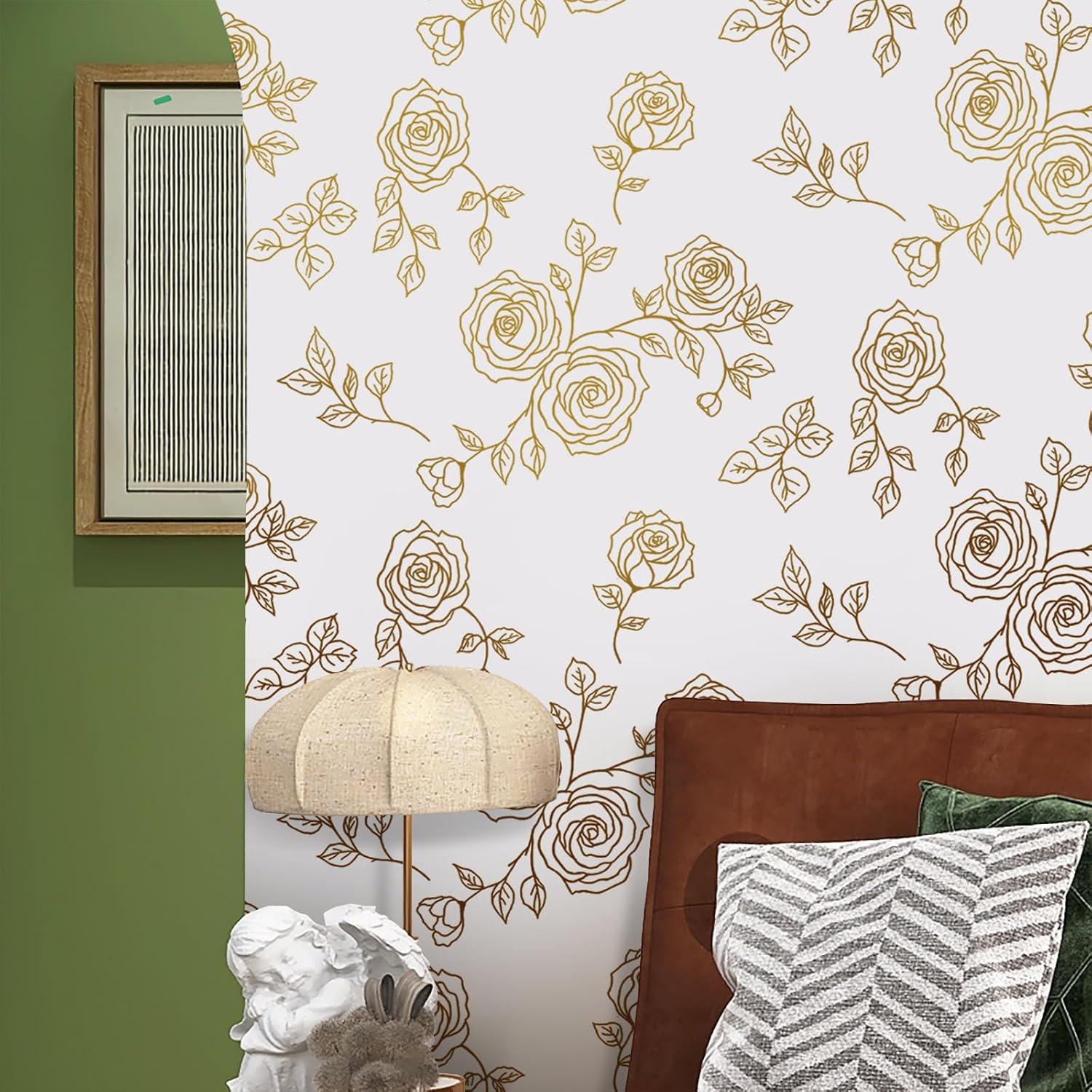 Amiya Papel tapiz de flores para despegar y pegar, papel tapiz bohemio dorado y blanco, renovación de dormitorios, armarios, etc. Papel tapiz de