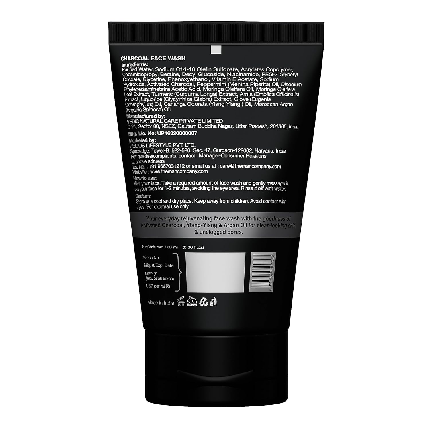 The Man Company Lavado facial de carbón activado para menylang ylang y argán aceites esenciales contaminación, control de aceite de acné, limpieza