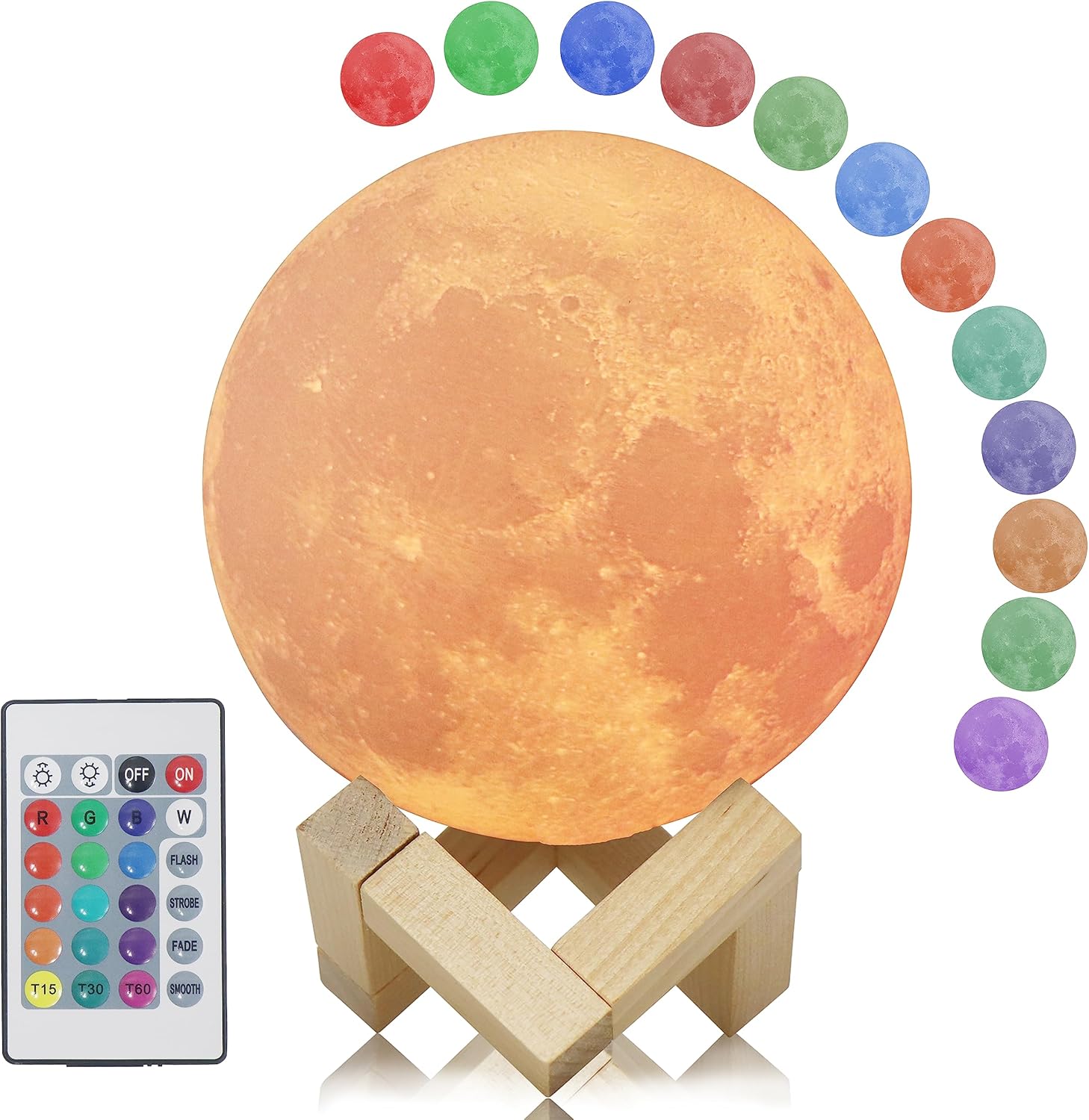 Lámpara de luna, impresión 3D de 4.72 pulgadas, 16 colores, luz nocturna de luna con soporte, control remoto y táctil, brillo ajustable y recarga