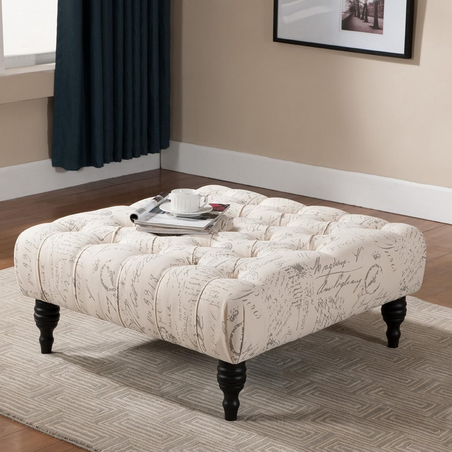 Baxton Studio Keswick Script Print – Otomana moderna copetuda, color beige