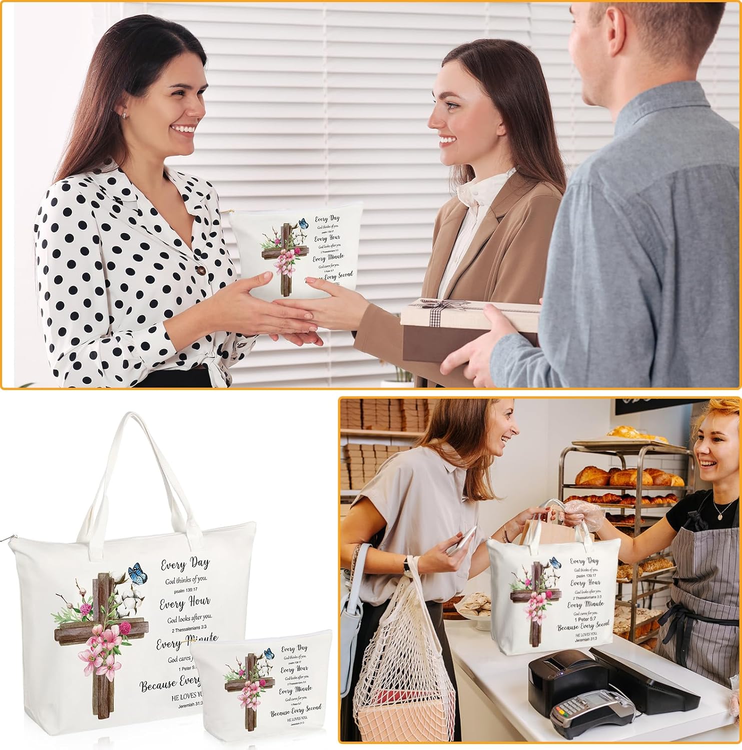 Abbylike Bolsa de lona de girasol de regalo cristiano de 2 piezas con bolsa de maquillaje, versículo de la Biblia, bolsa religiosa para regalo de