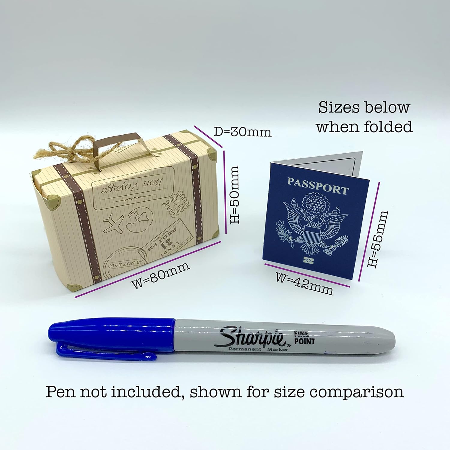 DIY Surprise Mini Suitcase & Mini Gold foil Pretend USA Passport Reveal Gift bundle (DIY). Perfect for Valentines, vacations, birthday, family trips