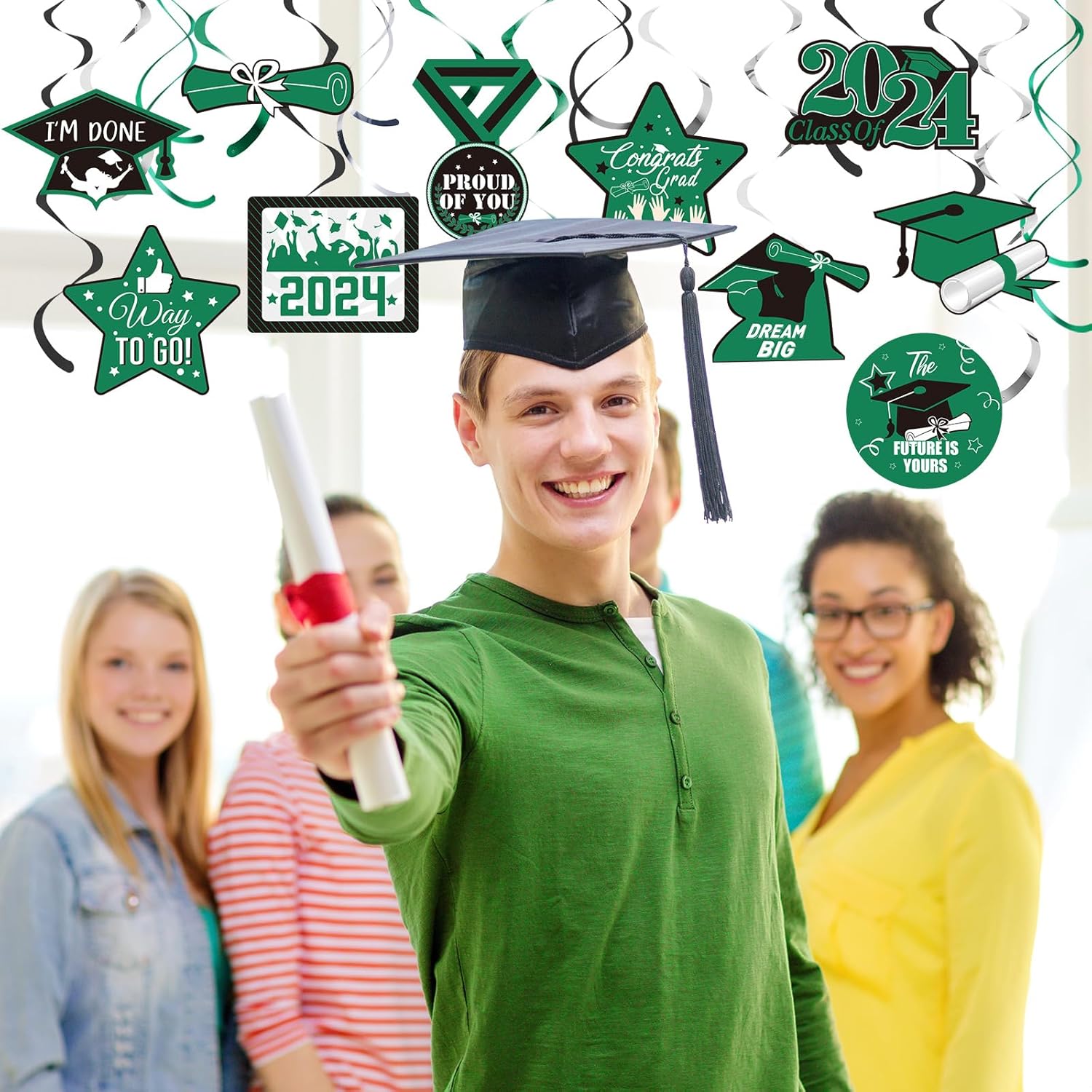 Decoraciones para fiestas de graduación 2022, 30 unidades de remolinos colgantes de aluminio con diseño de estrellas, toga, diplomas, serpentinas de