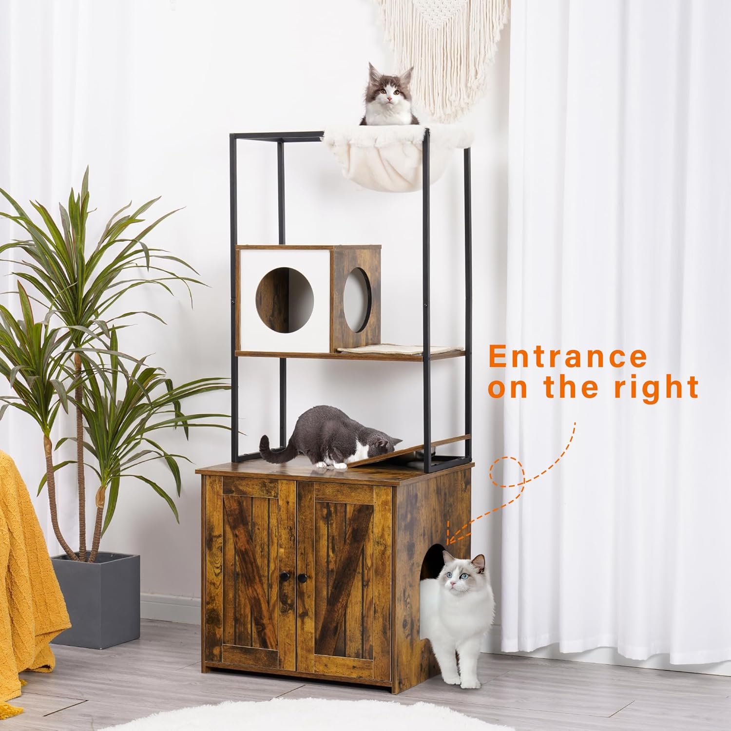DWANTON Árbol para gatos con caja de arena, torre para gatos moderna todo en uno con condominio, hamaca, estación de alimentos, alfombrilla para