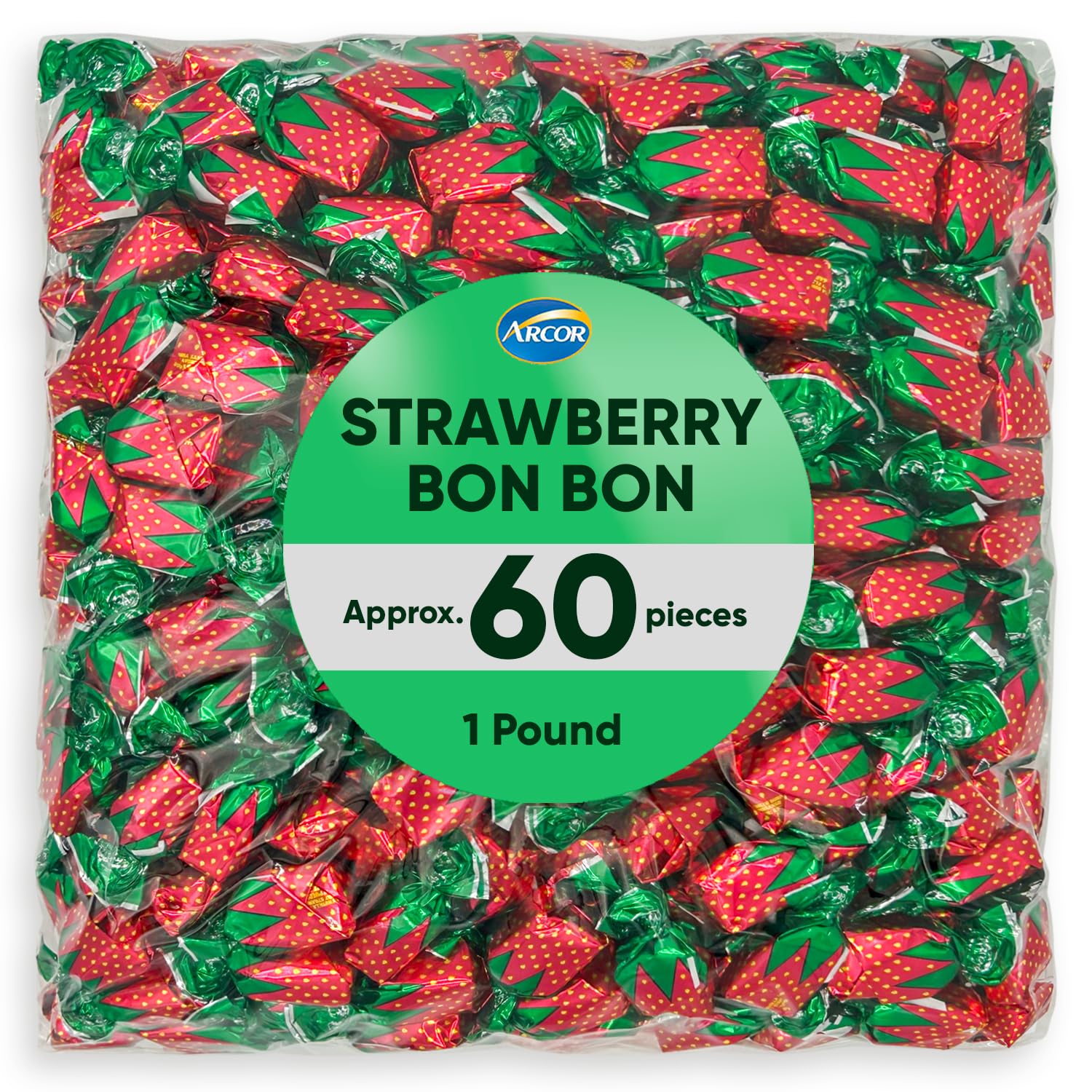 Arcor Bon Bons Candy rellenos de fresa, 1 libra aproximadamente 60 piezas de caramelos duros con sabor a frutas, dulces de Navidad a granel ideales