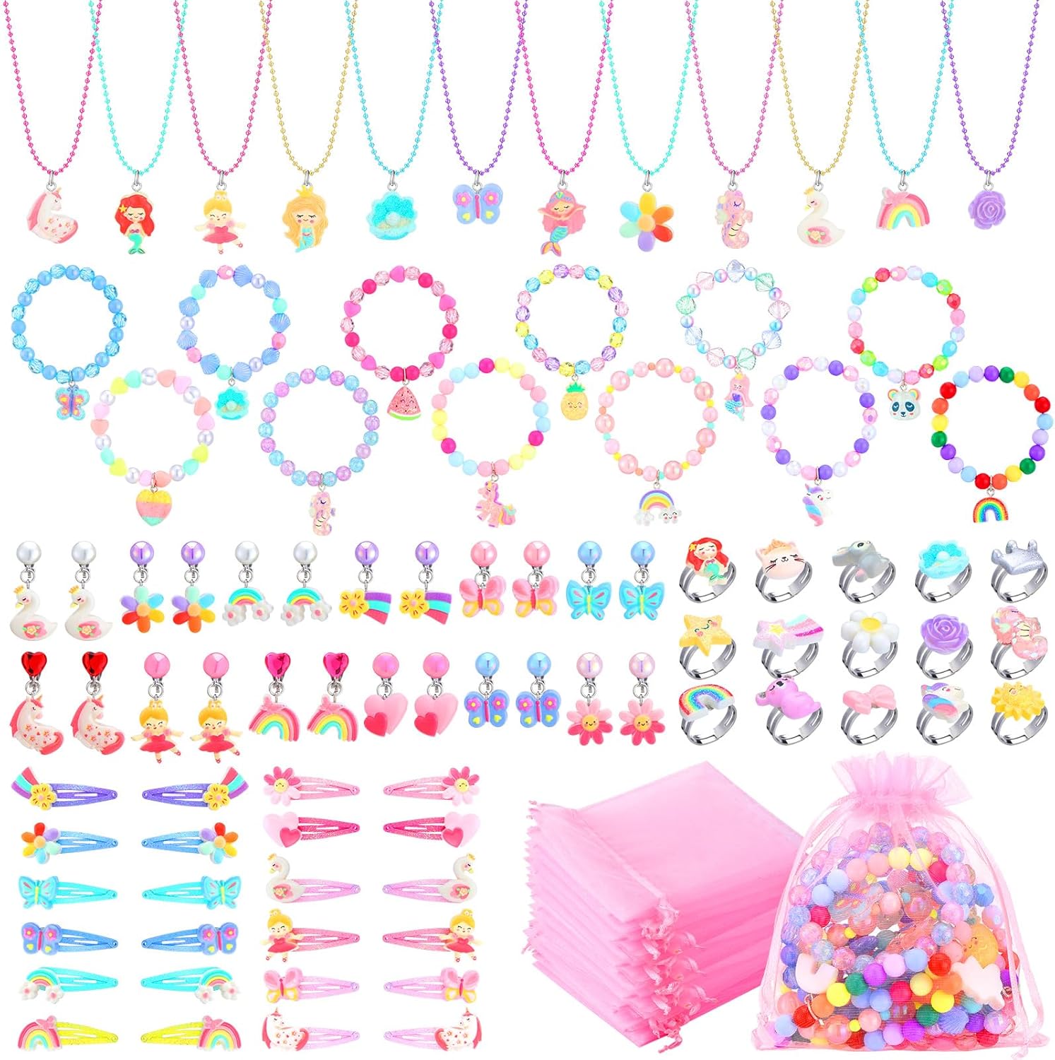 63 piezas de joyería de juego para niñas pequeñas, collar de cuentas de princesa para niños, pulseras, anillos, pinzas para el cabello, aretes con