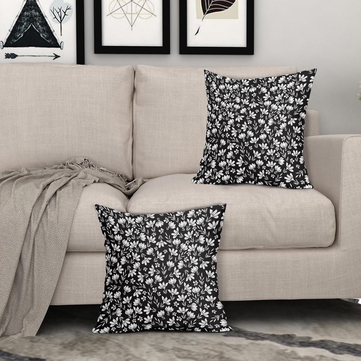 Juego de 2 fundas de almohada florales en blanco y negro de 20 x 20 pulgadas con estampado de bloques de flores vintage, margaritas de algodón y