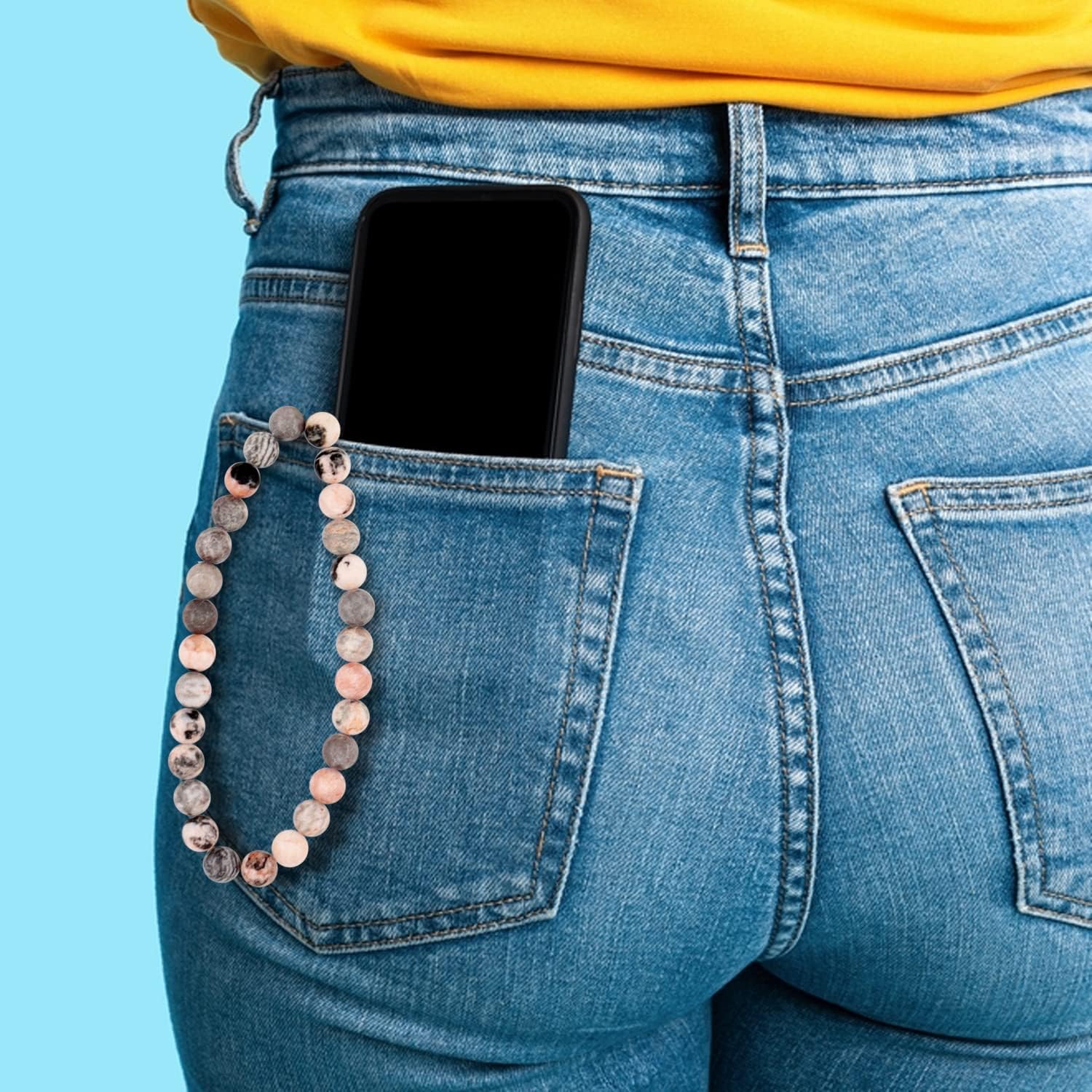 HONZUEN Llavero de muñeca con cuentas, cordón de piedra natural para mujer, correa de muñeca para llaves, cartera