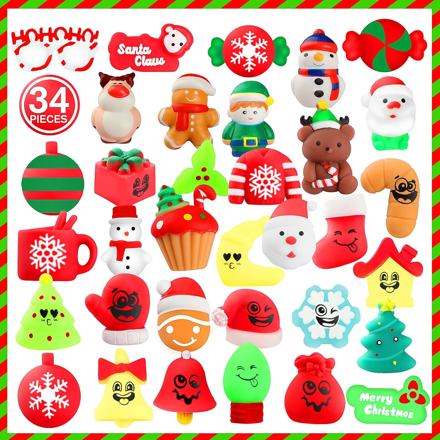 VNAMO Juguetes esponjosos de Navidad, 34 piezas de juguetes esponjosos, regalos de fiesta de Navidad para niños y niñas, Mochi Kawaii Squishy Alivio