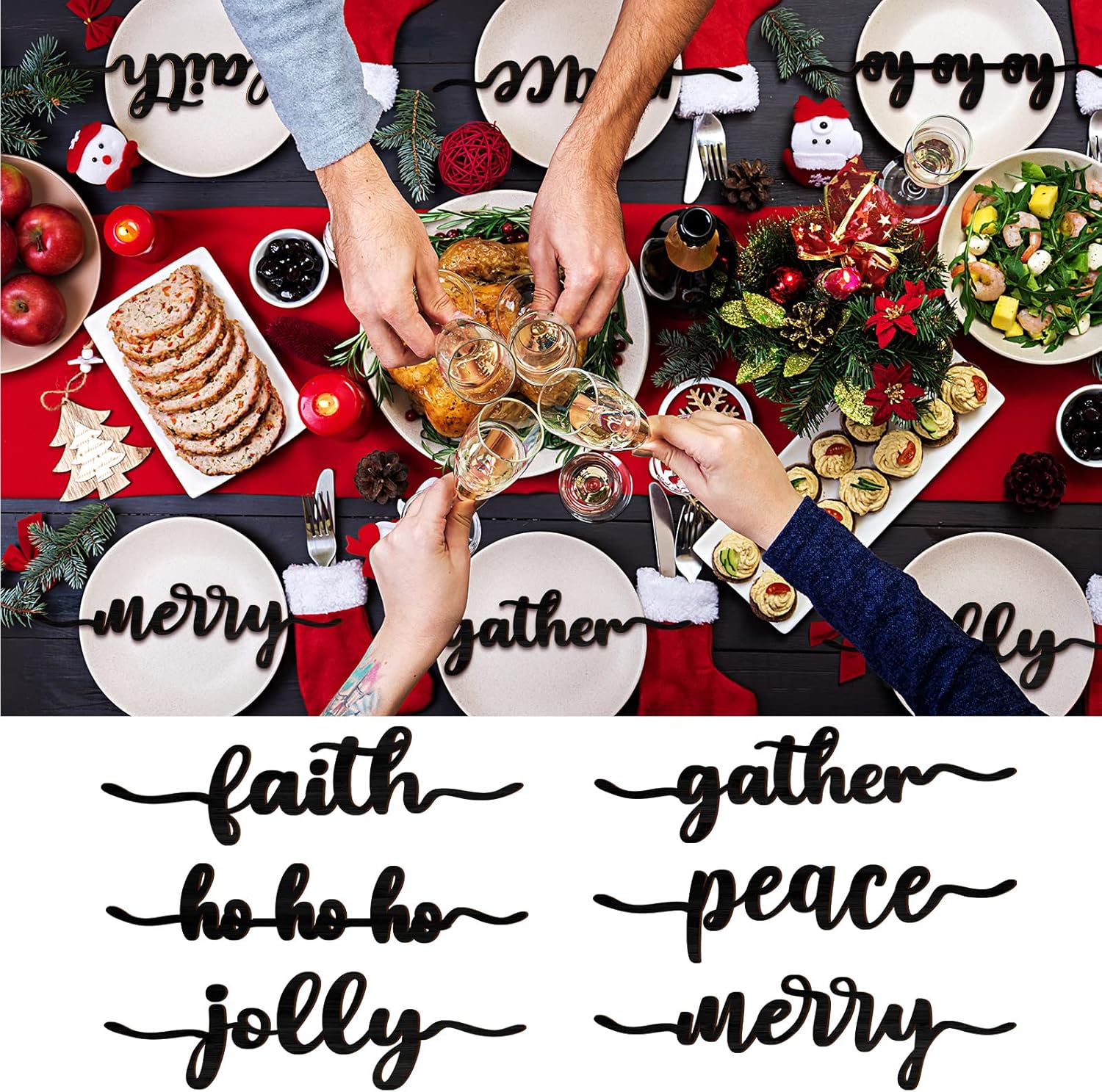 12 piezas de Navidad con recorte de madera con recorte de madera con texto en inglés “Joyful Merry Thankful Grateful Blessed Peace Gather”, letrero
